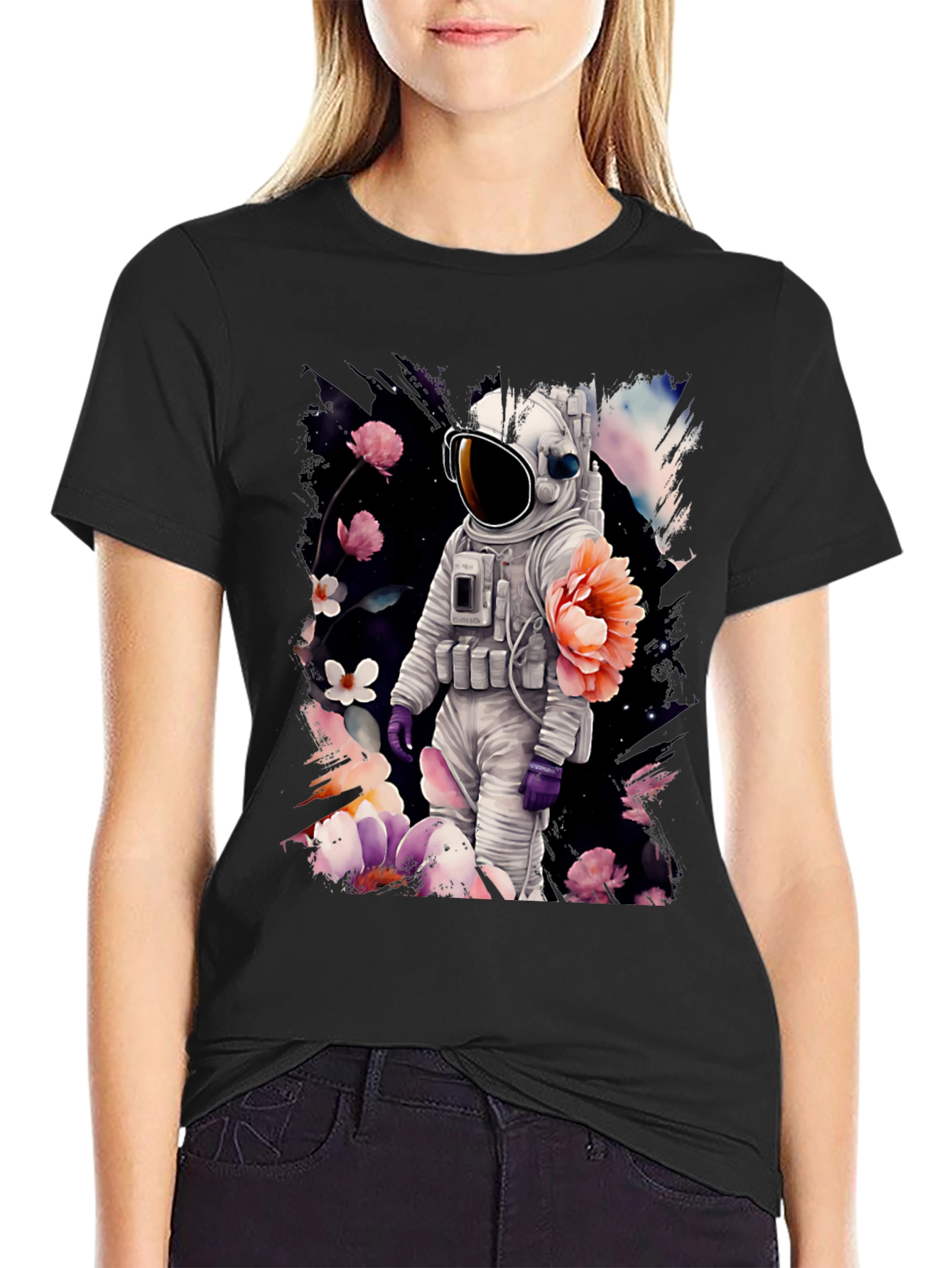 Black Astronaut Floral T-Shirt - Space & Nature Fusion view 2