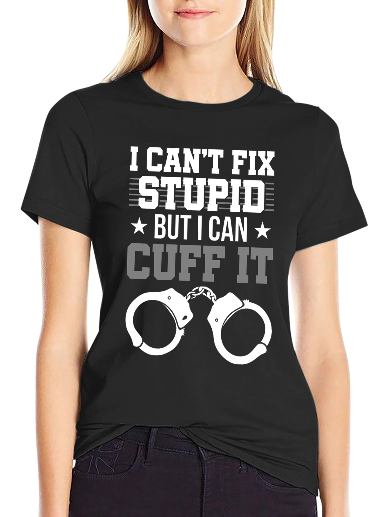 Black Funny Police T-Shirt - I Can't Fix Stupid Cuff It Tee view 2
