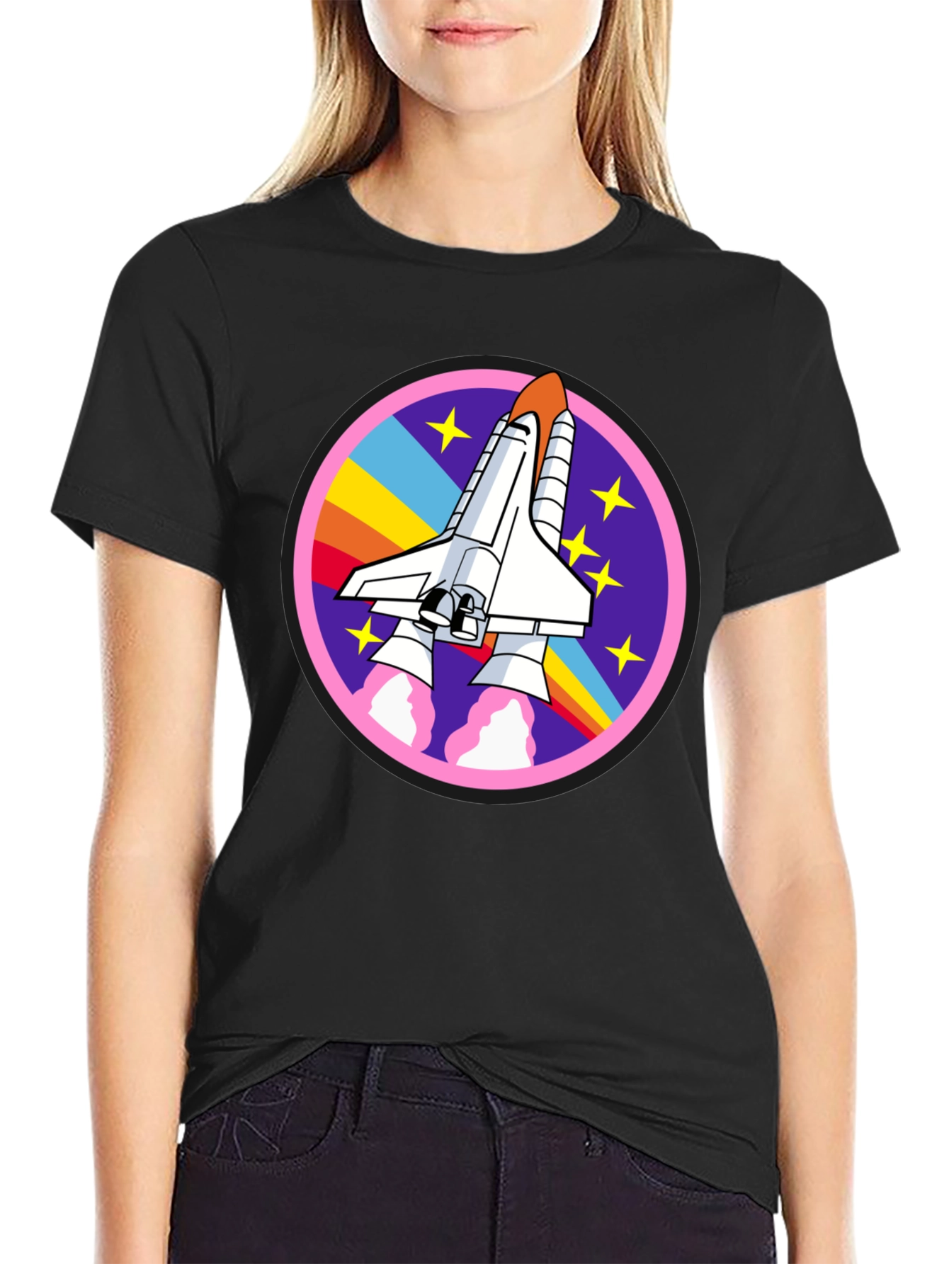 Black Retro Space Shuttle Graphic Tee - Unisex Black Cotton T-Shirt view 2