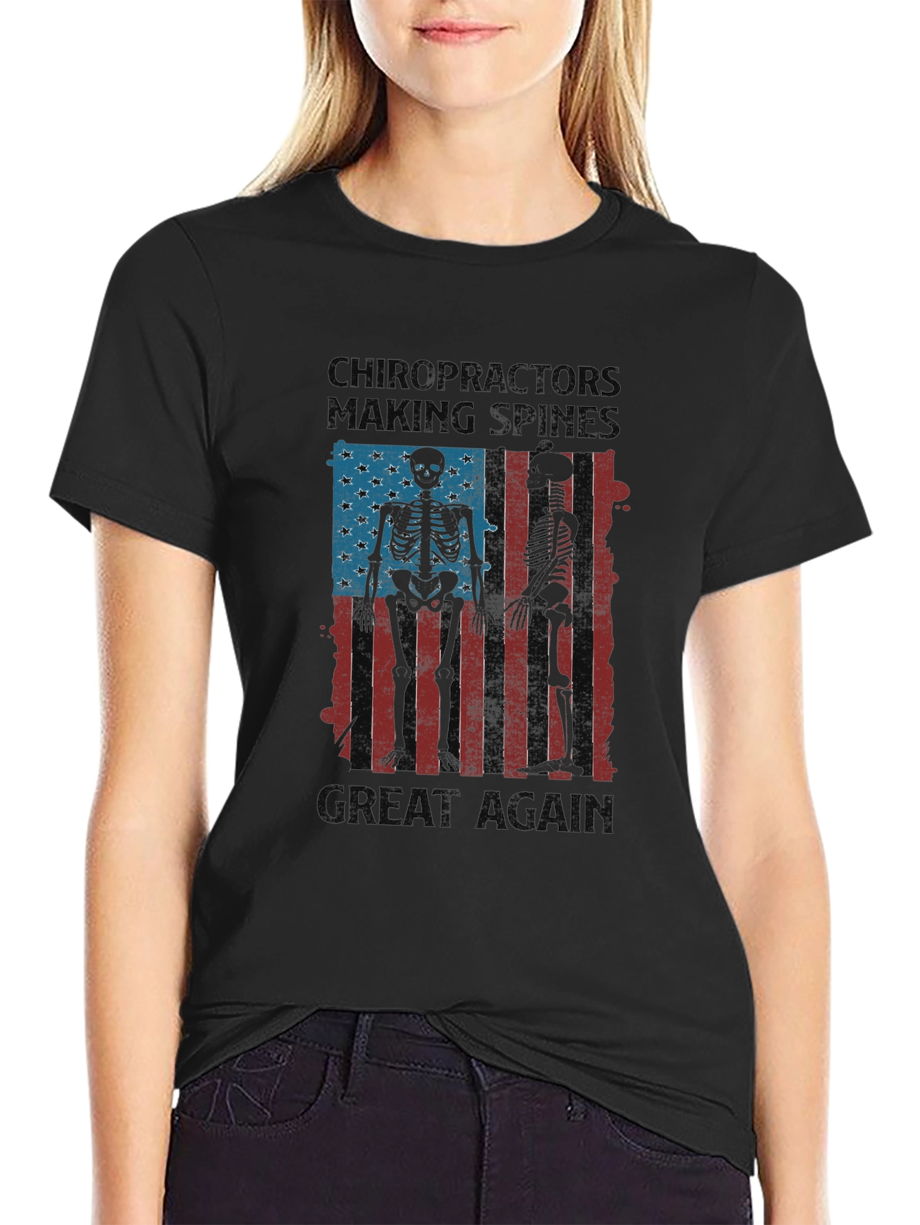 Black Chiropractor Skeleton American Flag T-Shirt view 2