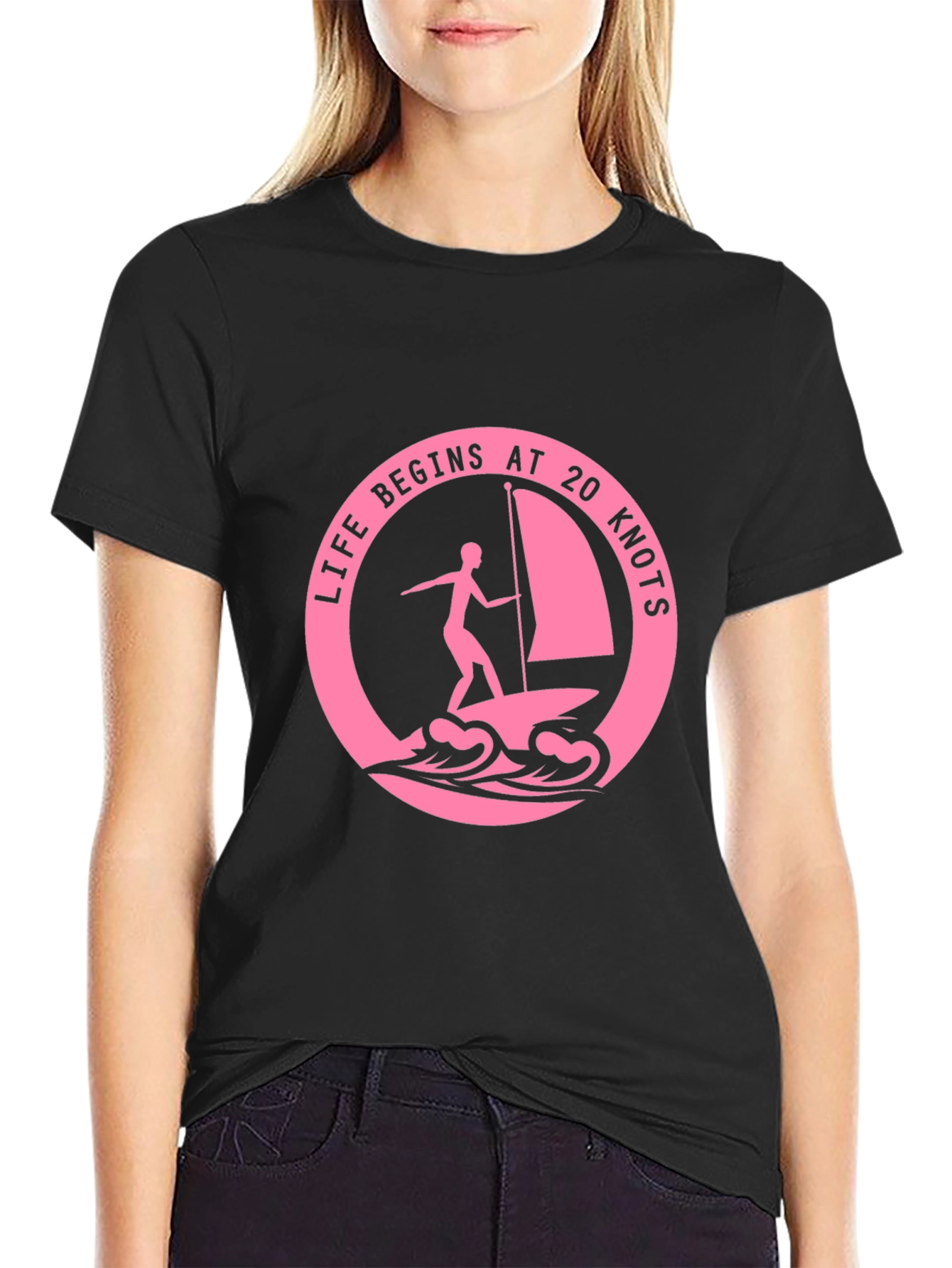Black Life Begins at 20 Knots T-Shirt - Windsurfing Tee view 2