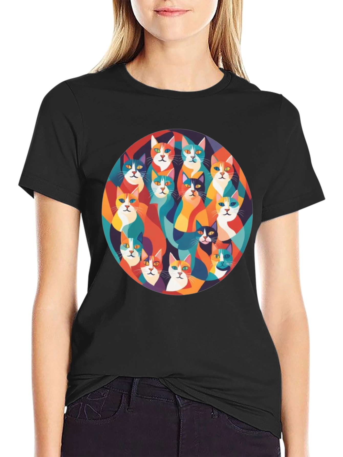 Black Colorful Cats Graphic T-Shirt view 2