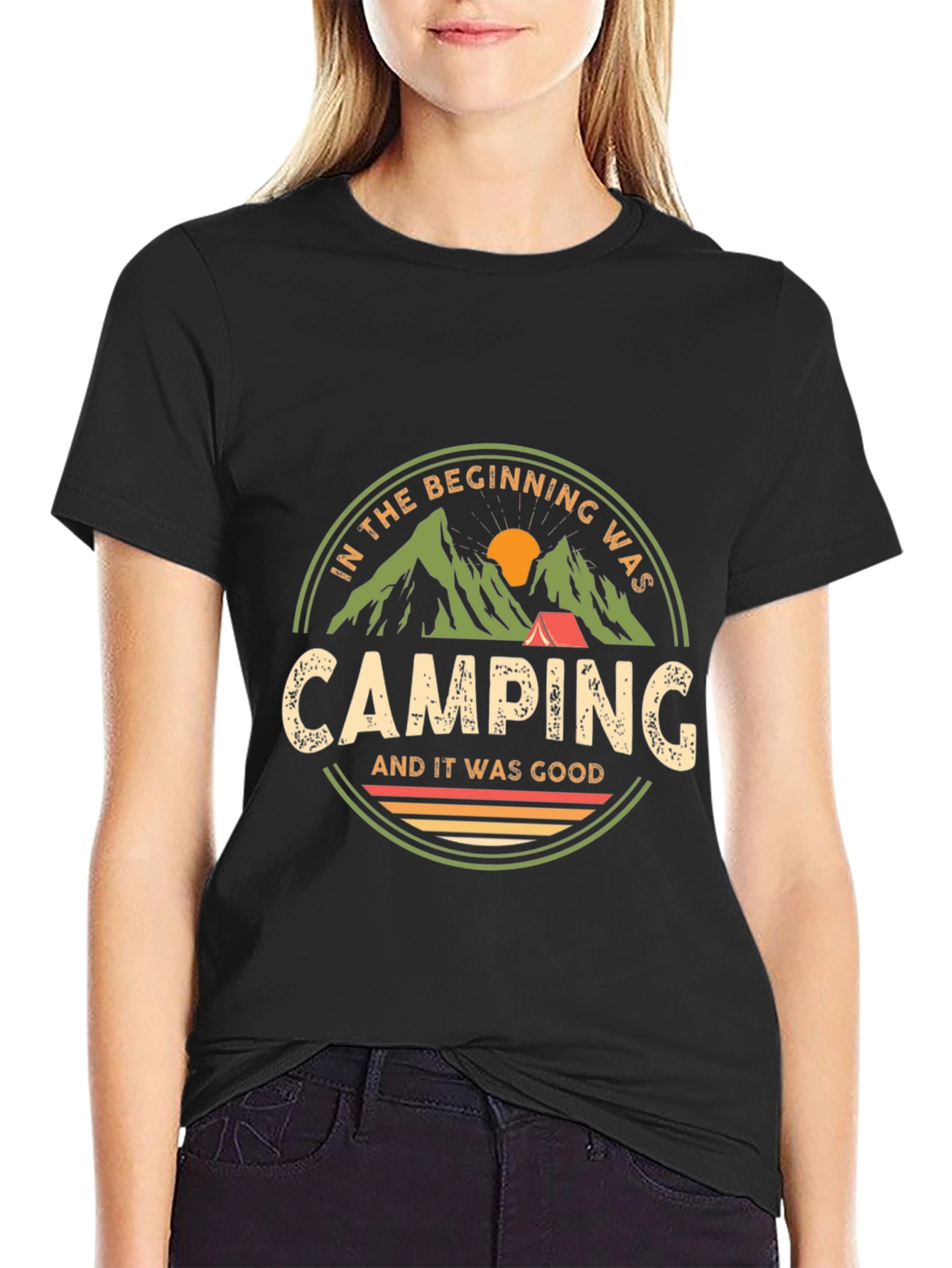 Black Camping T-Shirt: In The Beginning Was Camping view 2
