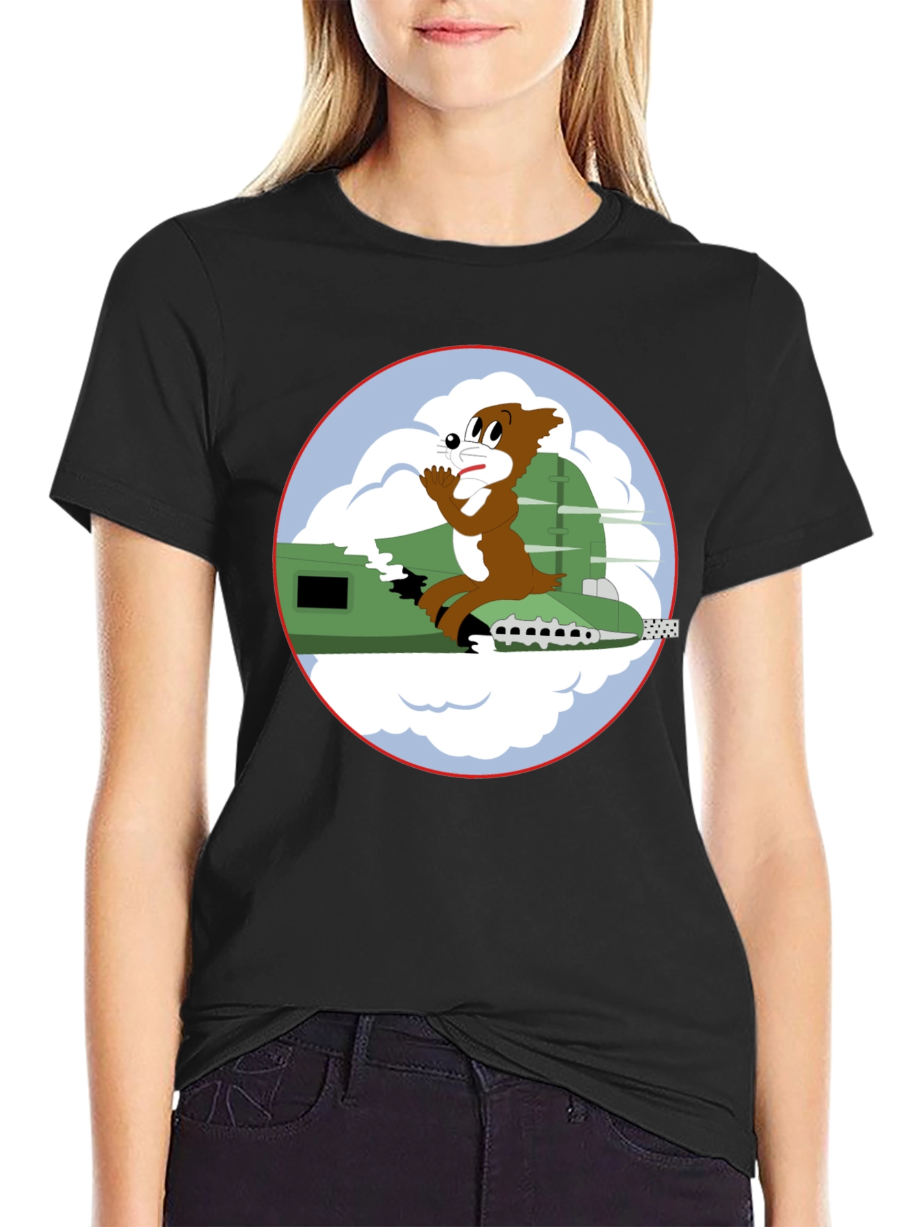 Black Cartoon Bomber Plane Graphic Tee - Black view 2