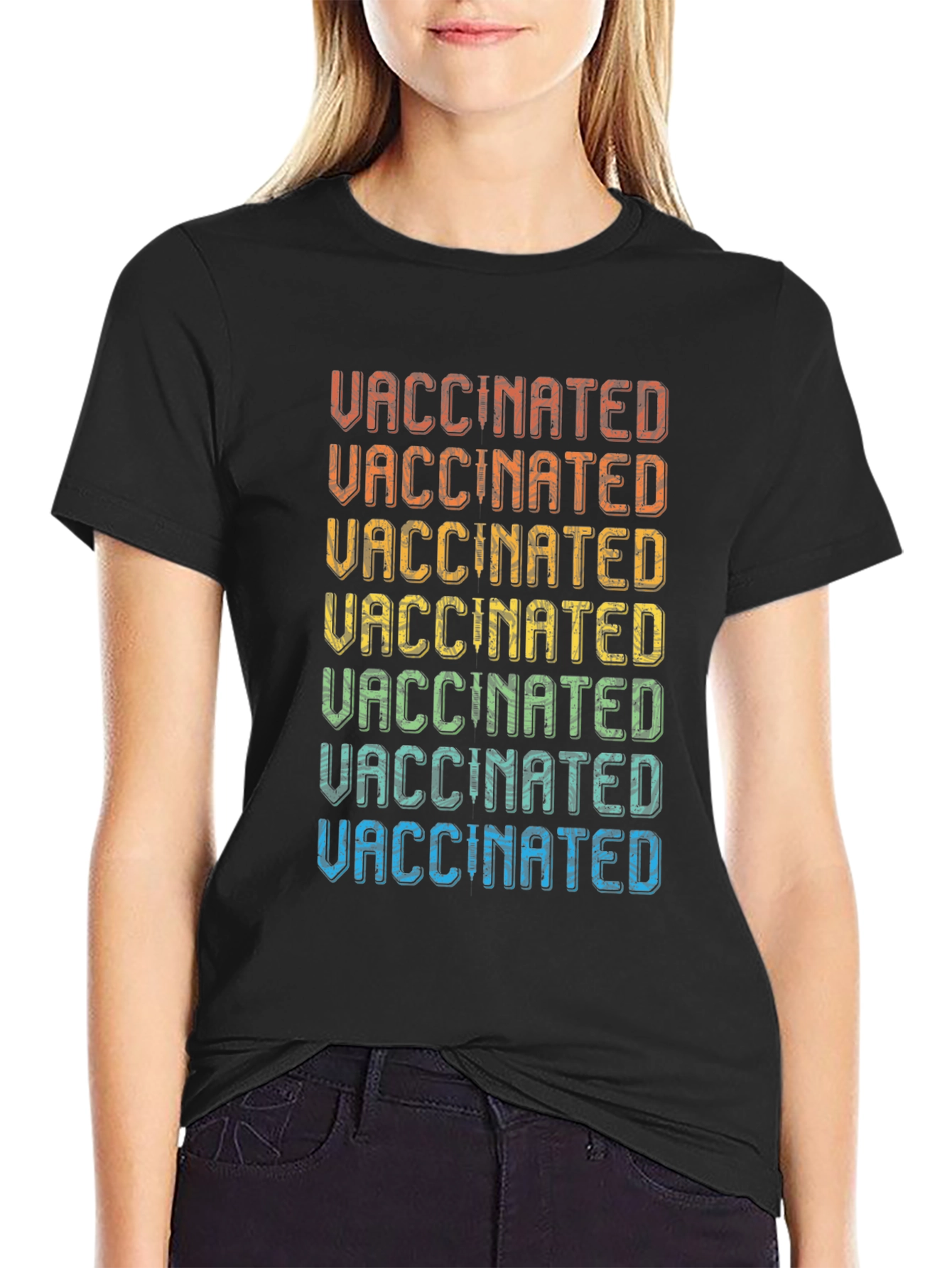 Black Vaccinated Rainbow T-Shirt - Retro Style view 2
