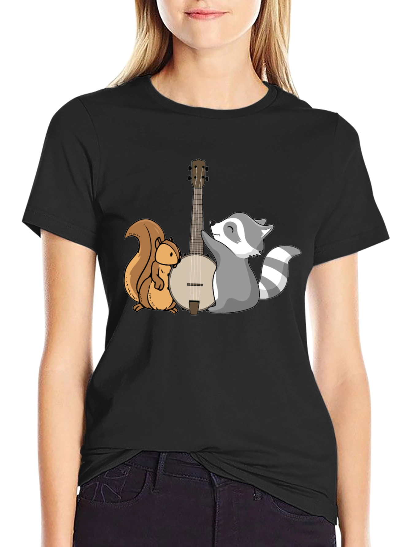 Black Squirrel and Raccoon Banjo Graphic Tee view 2