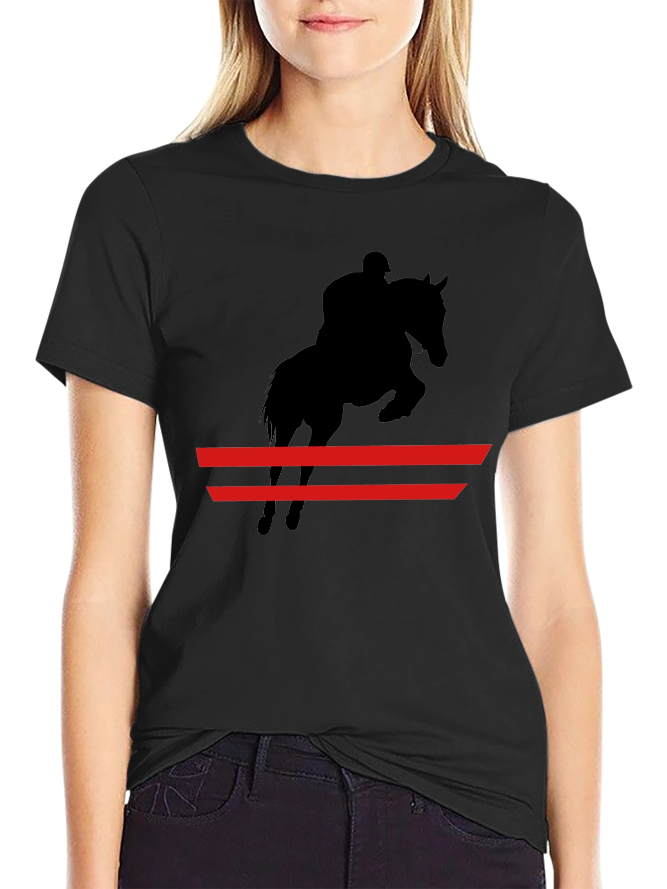 Black Equestrian Black T-Shirt: Horse & Rider Jumping view 2