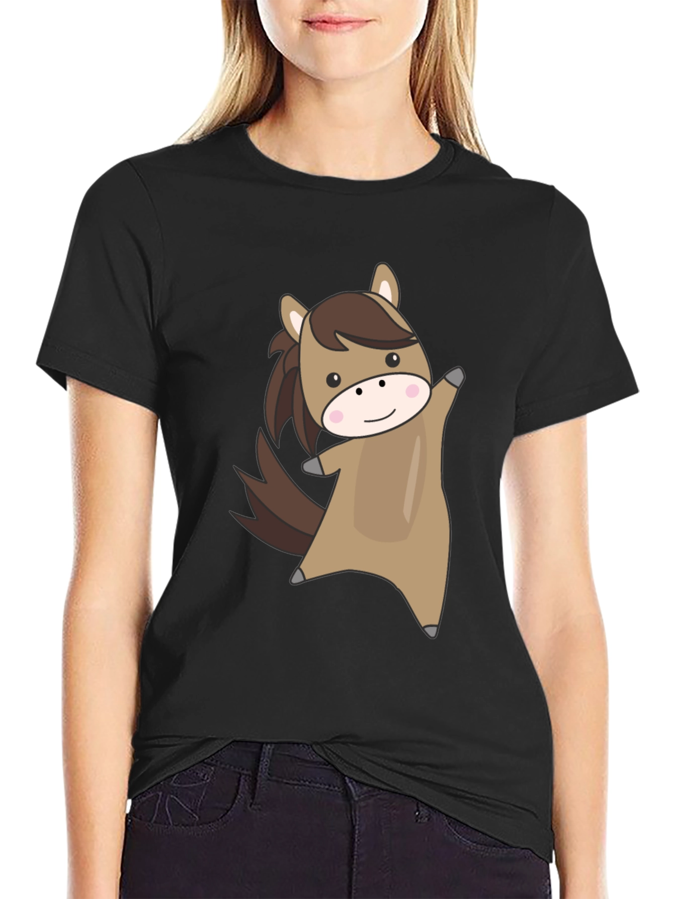 Black Cute Cartoon Horse Graphic Black T-Shirt view 2
