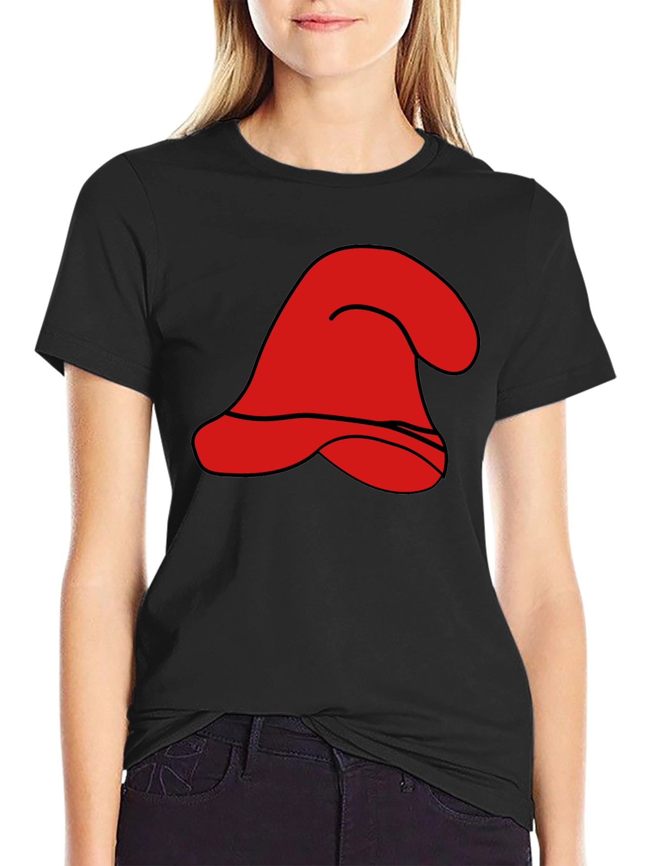 Black Red Cartoon Hat Graphic Black T-Shirt view 2