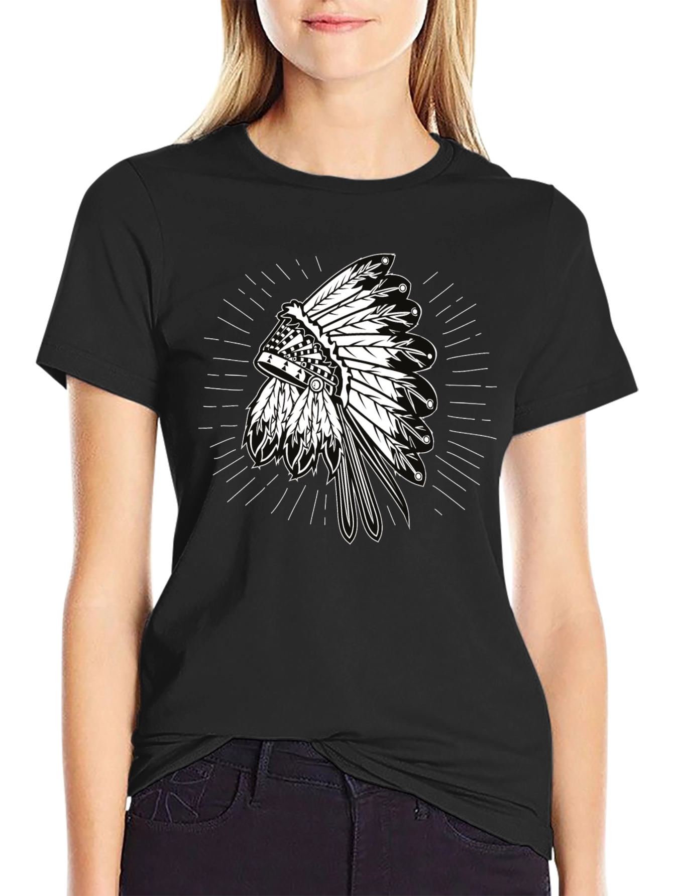Black Native American Headdress Graphic Black T-Shirt view 2