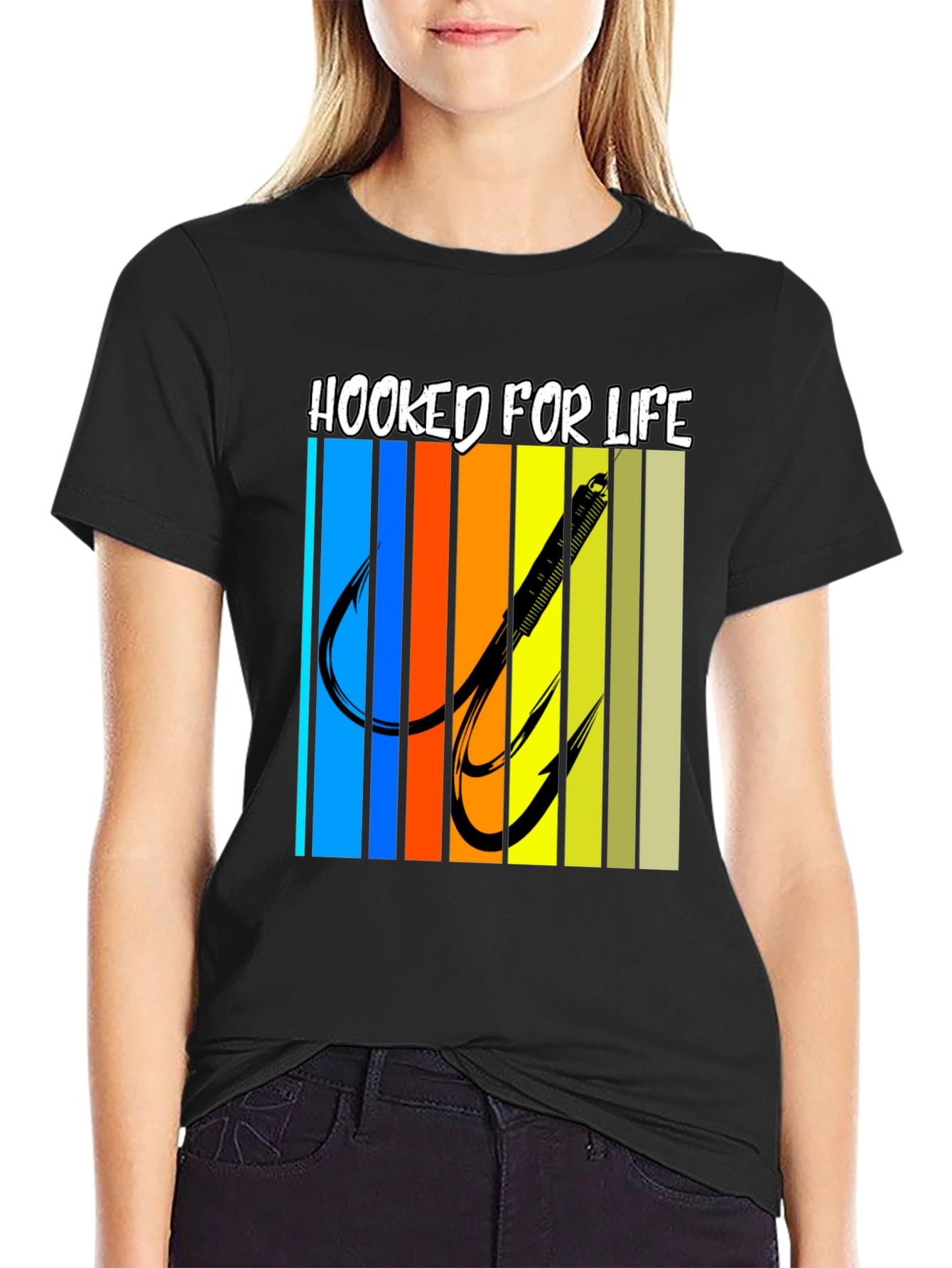 Black Hooked for Life Fishing T-Shirt view 2
