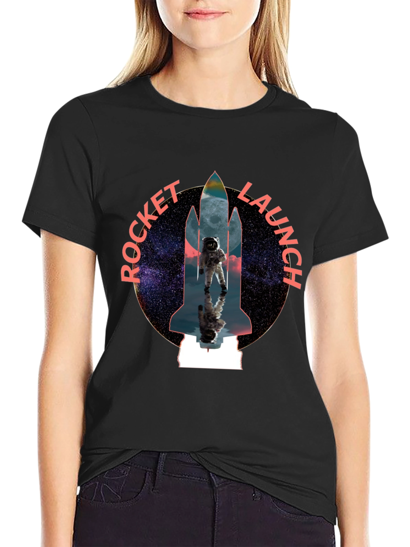 Black Rocket Launch Graphic Tee - Space Astronaut Design view 2