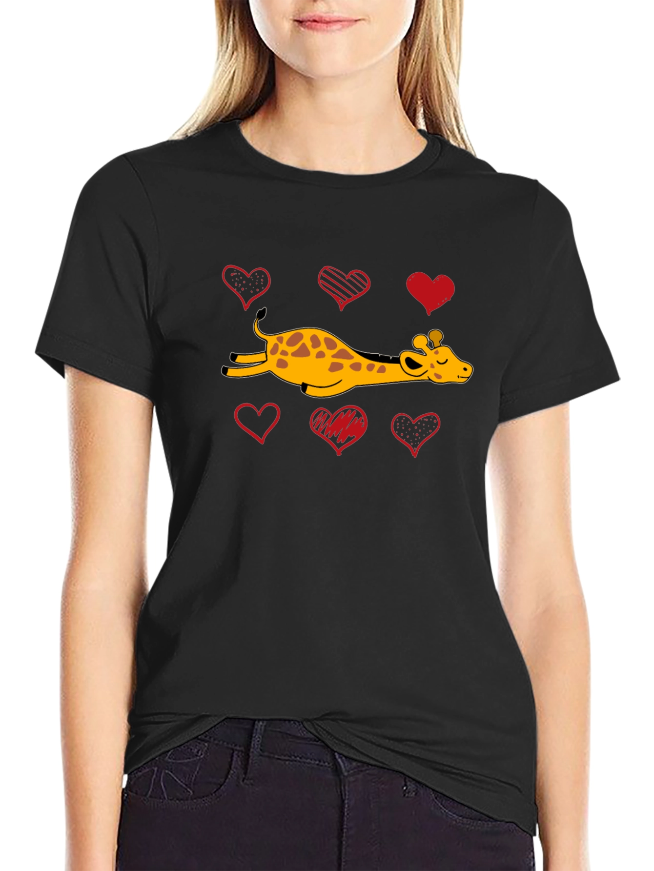 Black Giraffe Love T-Shirt Cute Giraffe and Hearts view 2