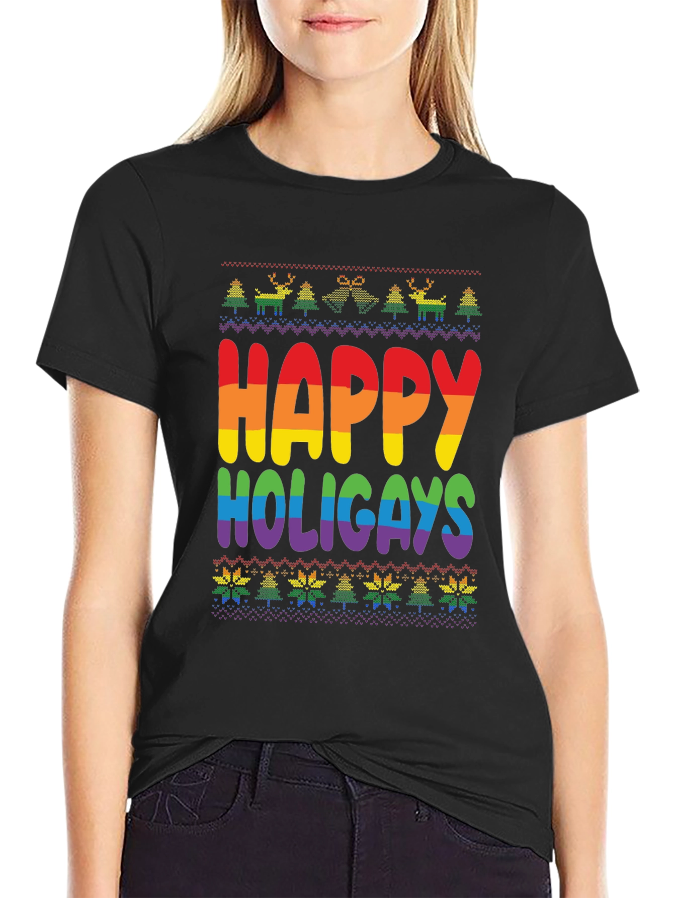 Black Happy Holigays Rainbow Knit T-Shirt view 2