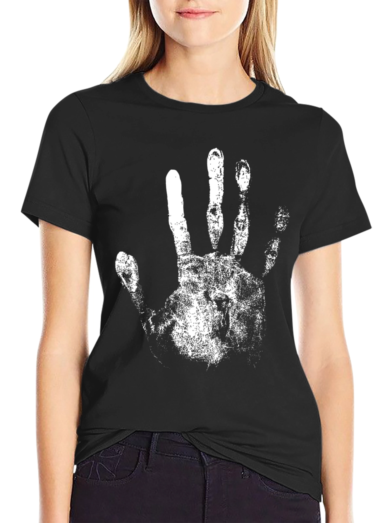 Black Black T-Shirt with White Handprint Design view 2