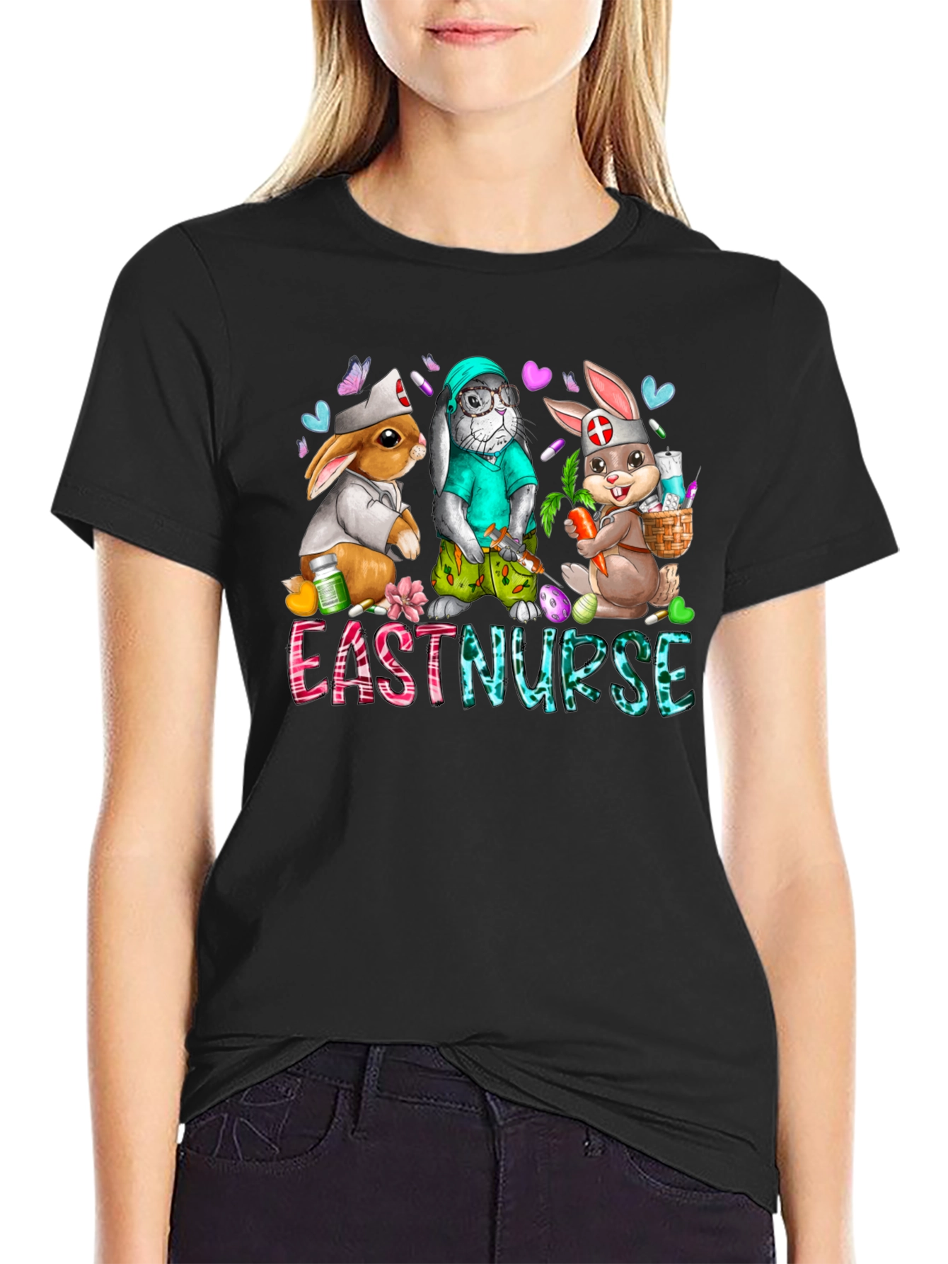 Black Easter Nurse Bunny T-Shirt view 2