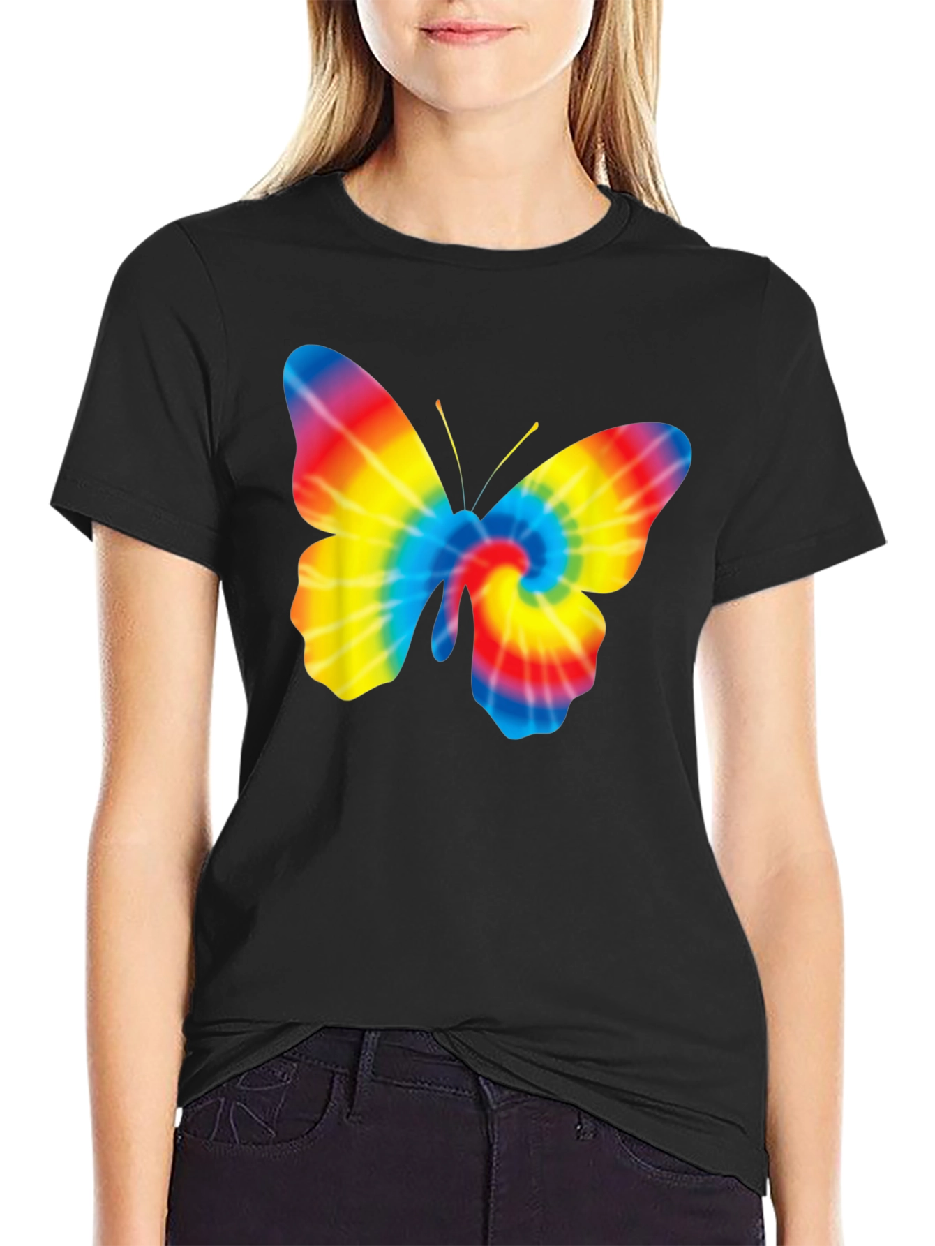 Black Tie Dye Butterfly Graphic Black T-Shirt view 2