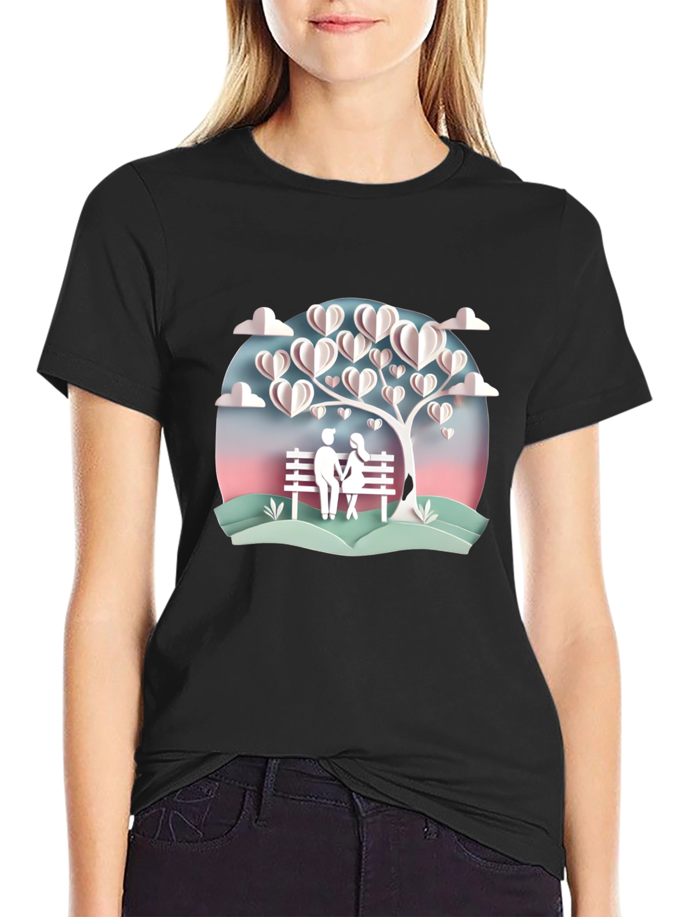 Black Romantic Couple Under Heart Tree Graphic Tee view 2
