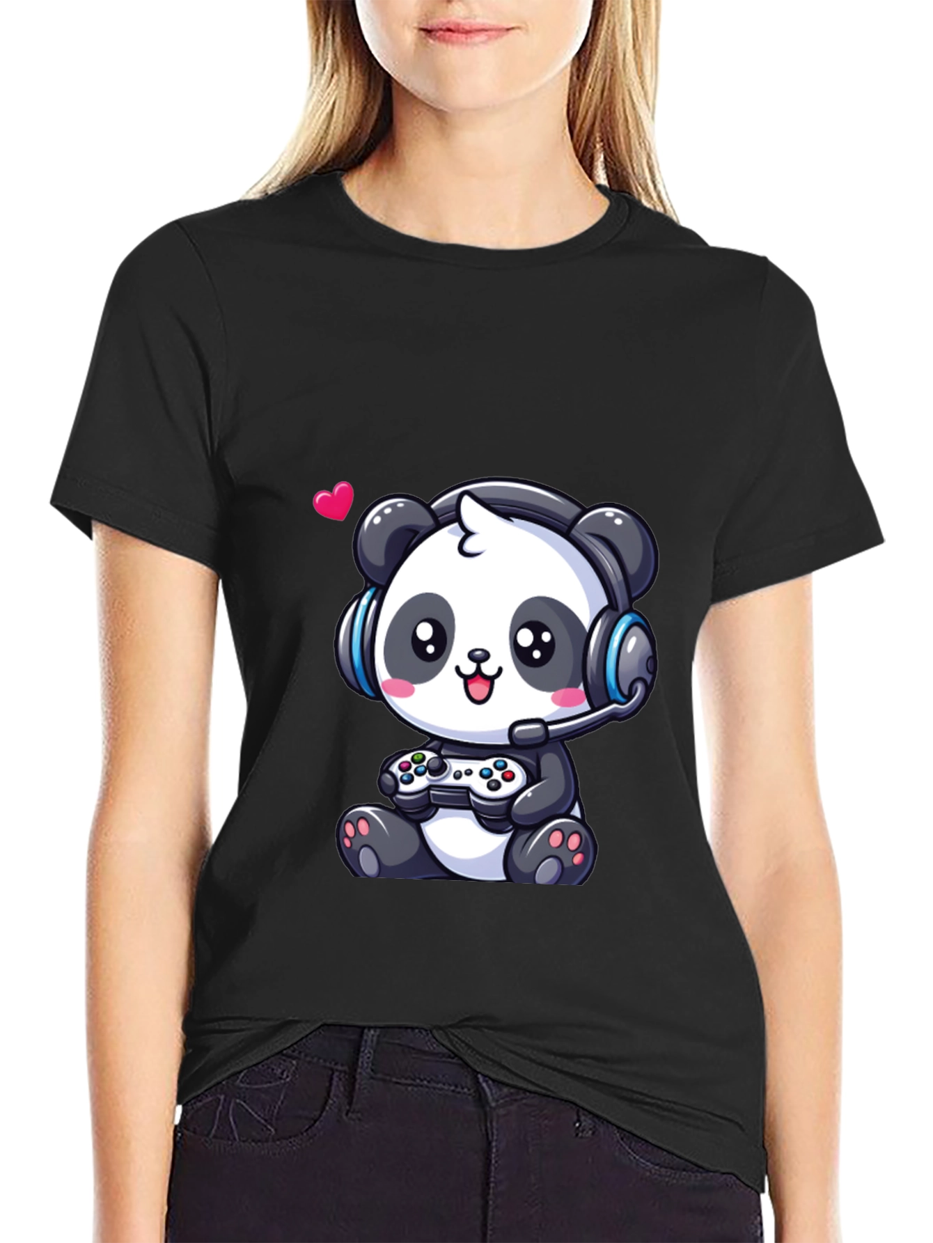 Black Gamer Panda T-Shirt - Cute Gaming Design view 2