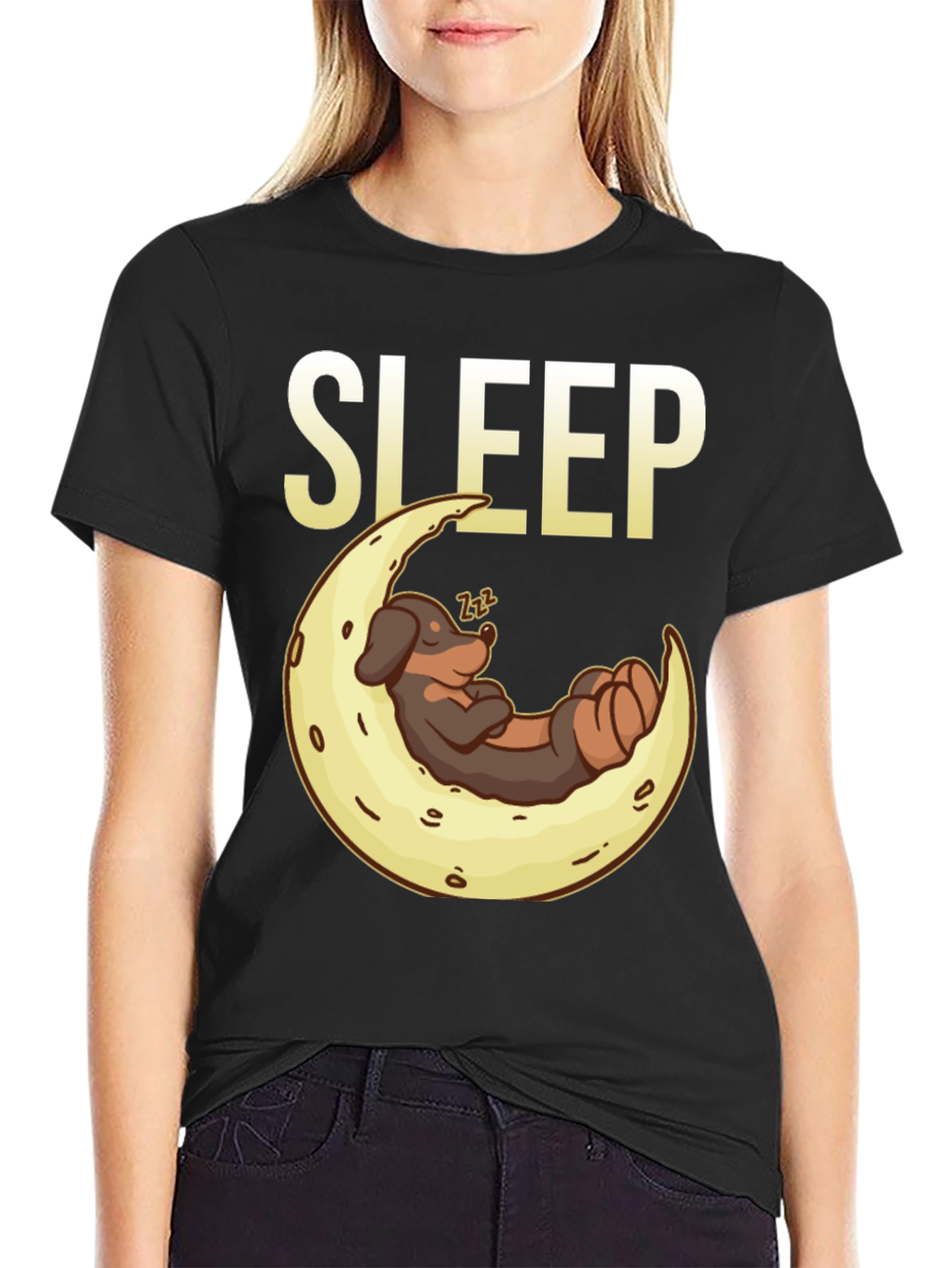 Sleepy Dog on Moon Graphic Tee - Black - 2