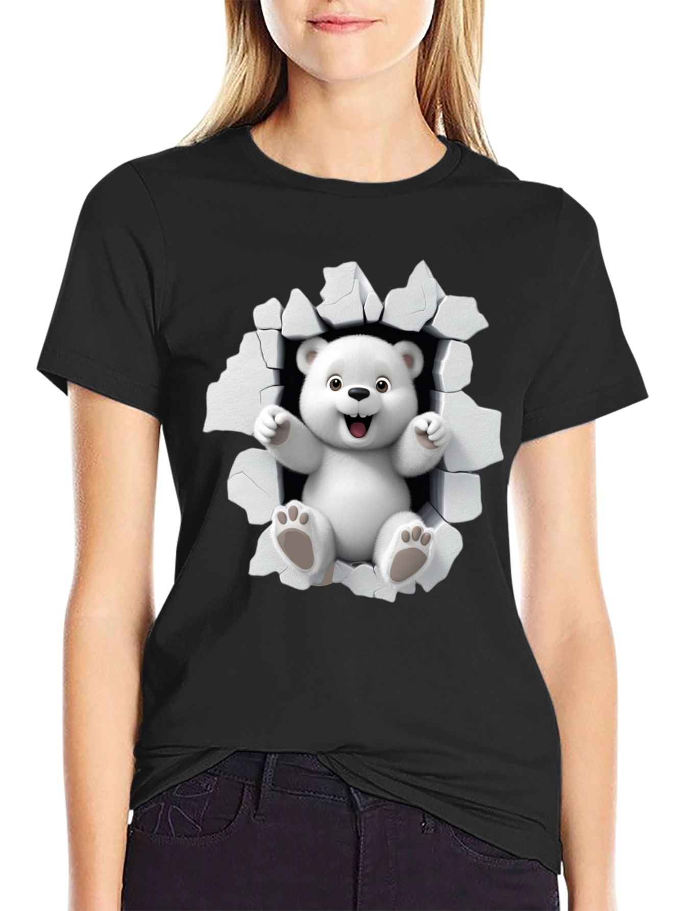 Black Cute Polar Bear 3D Graphic Black T-Shirt view 2