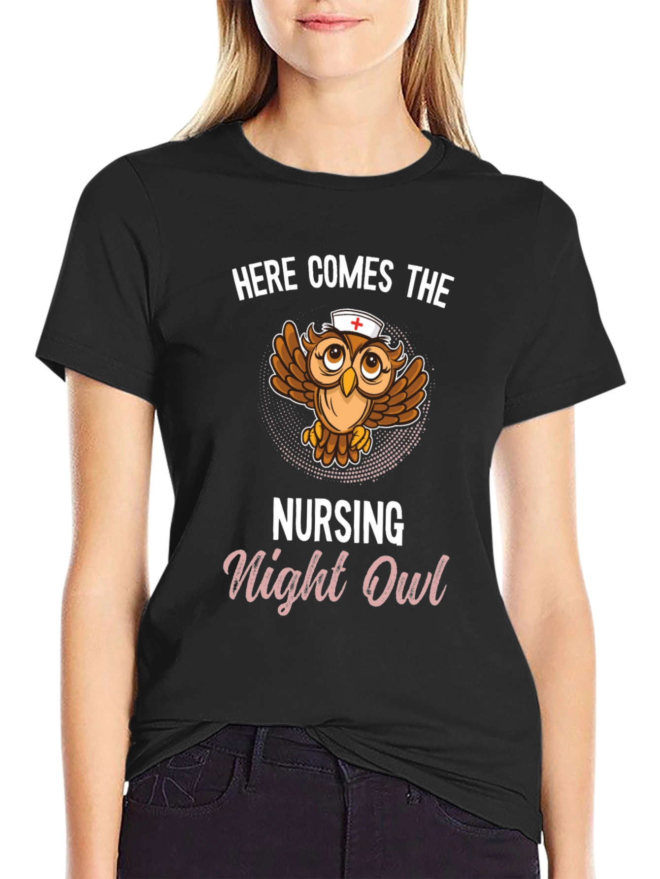 Black Nursing Night Owl T-Shirt - Funny Nurse Tee view 2