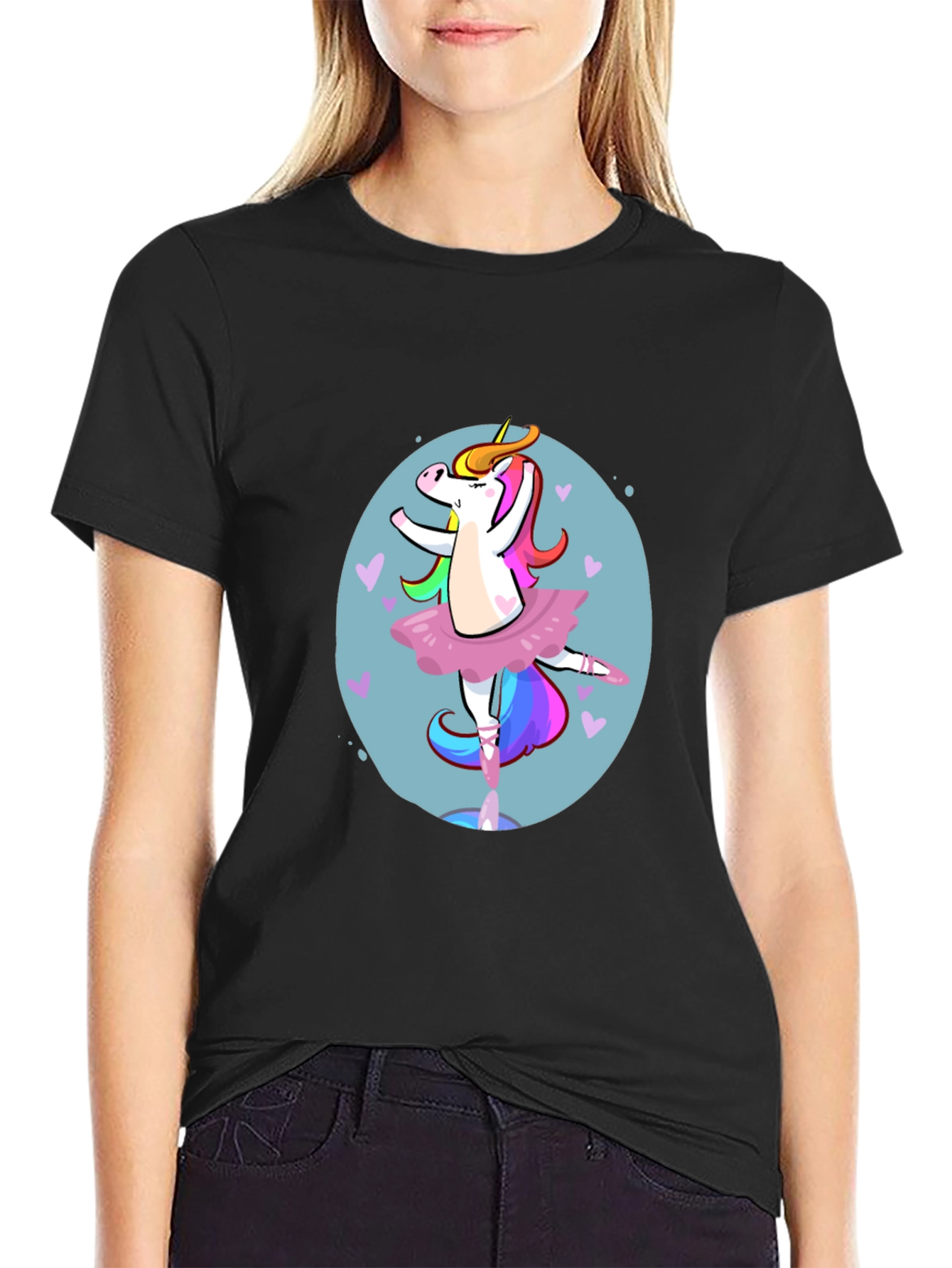 Black Unicorn Ballerina Graphic Tee - Black Cotton T-Shirt view 2