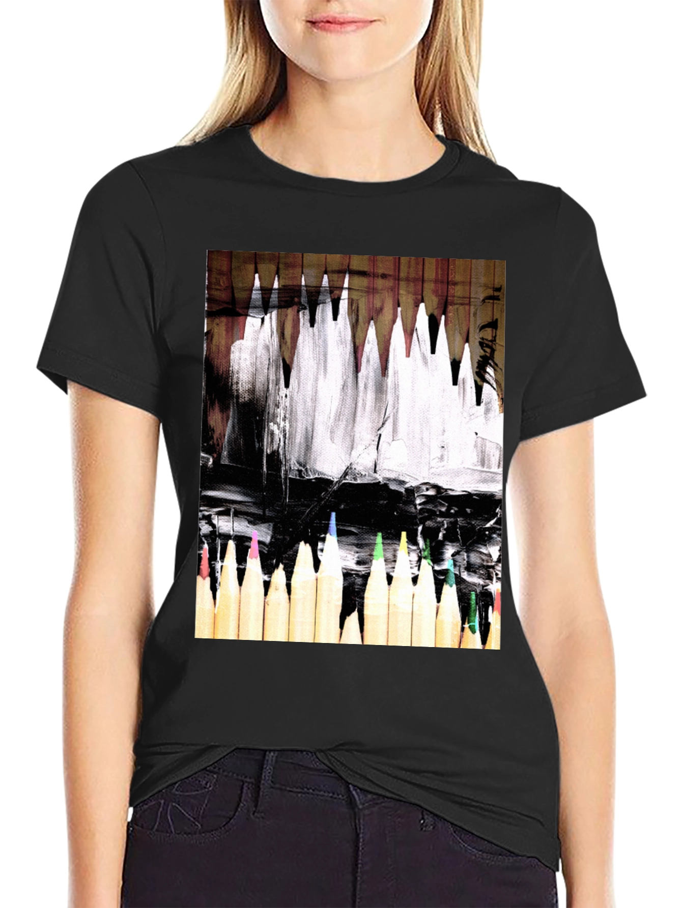 Black Artistic Color Pencil Graphic Tee - Black view 2