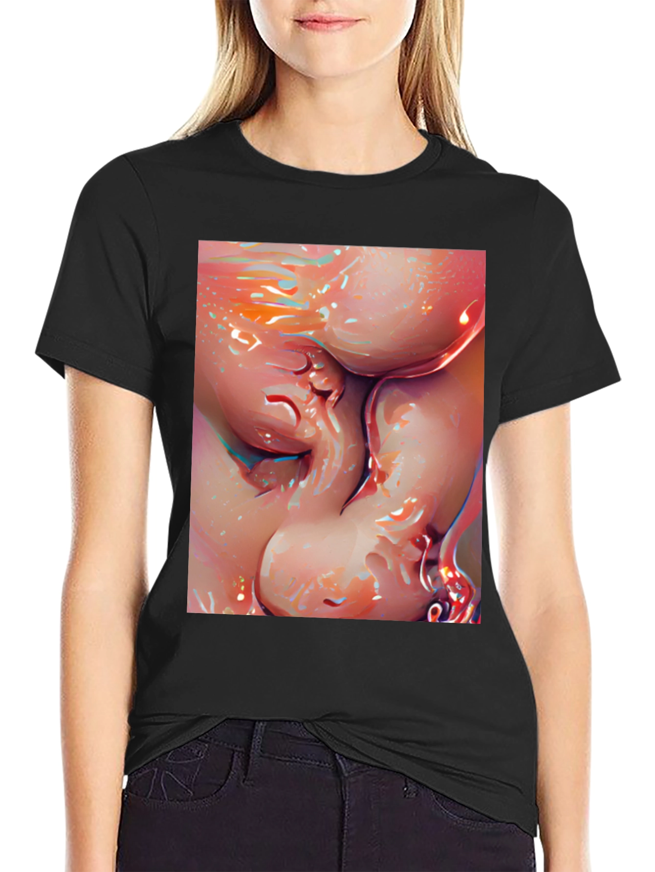 Black Abstract Art Graphic Tee - Bold Black Cotton T-Shirt view 2