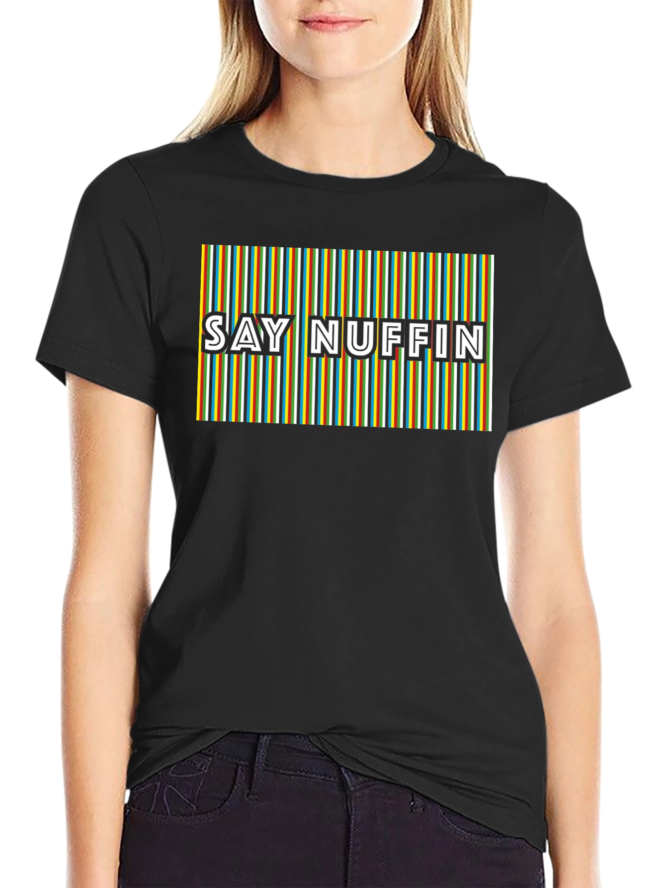 Black Say Nuffin Graphic Tee - Funky Retro Stripe Design view 2