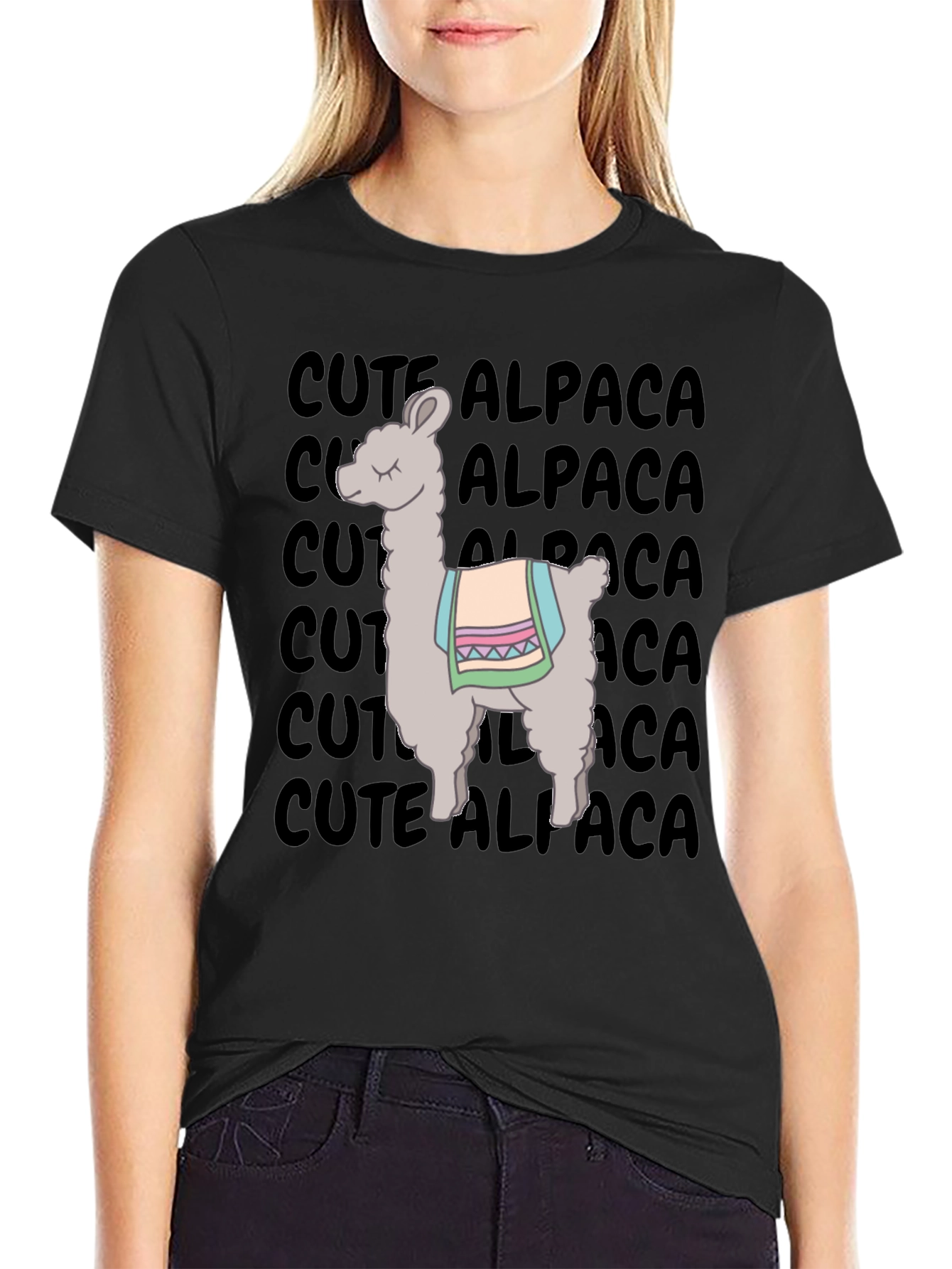 Black Cute Alpaca Graphic T-Shirt - Unisex Black Tee view 2