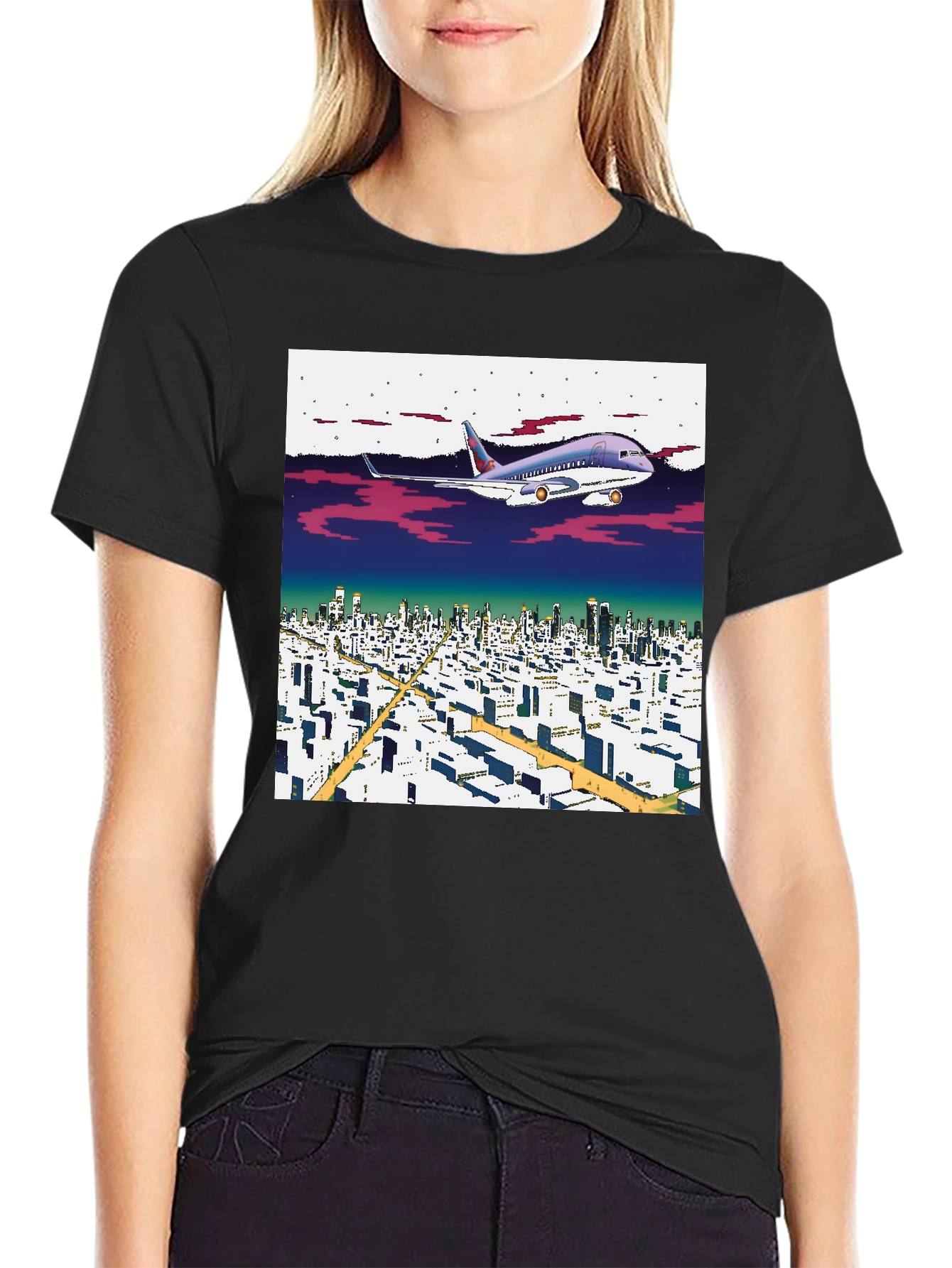 Black Retro Plane Over City T-Shirt view 2