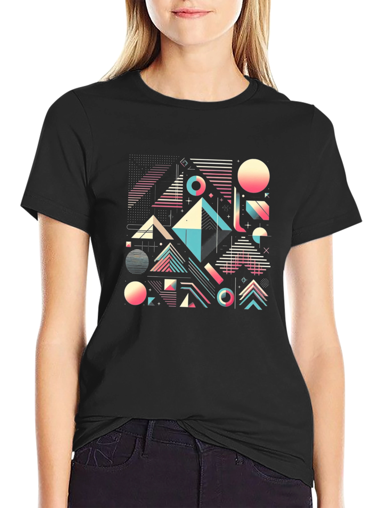 Black Geometric Retro T-Shirt - Abstract 80s Design view 2