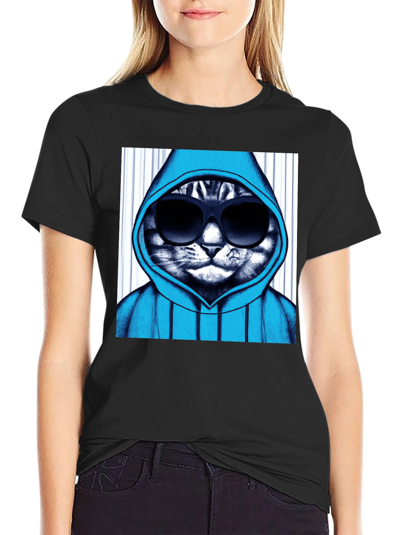 Black Cool Cat Hoodie Graphic Tee - Black view 2