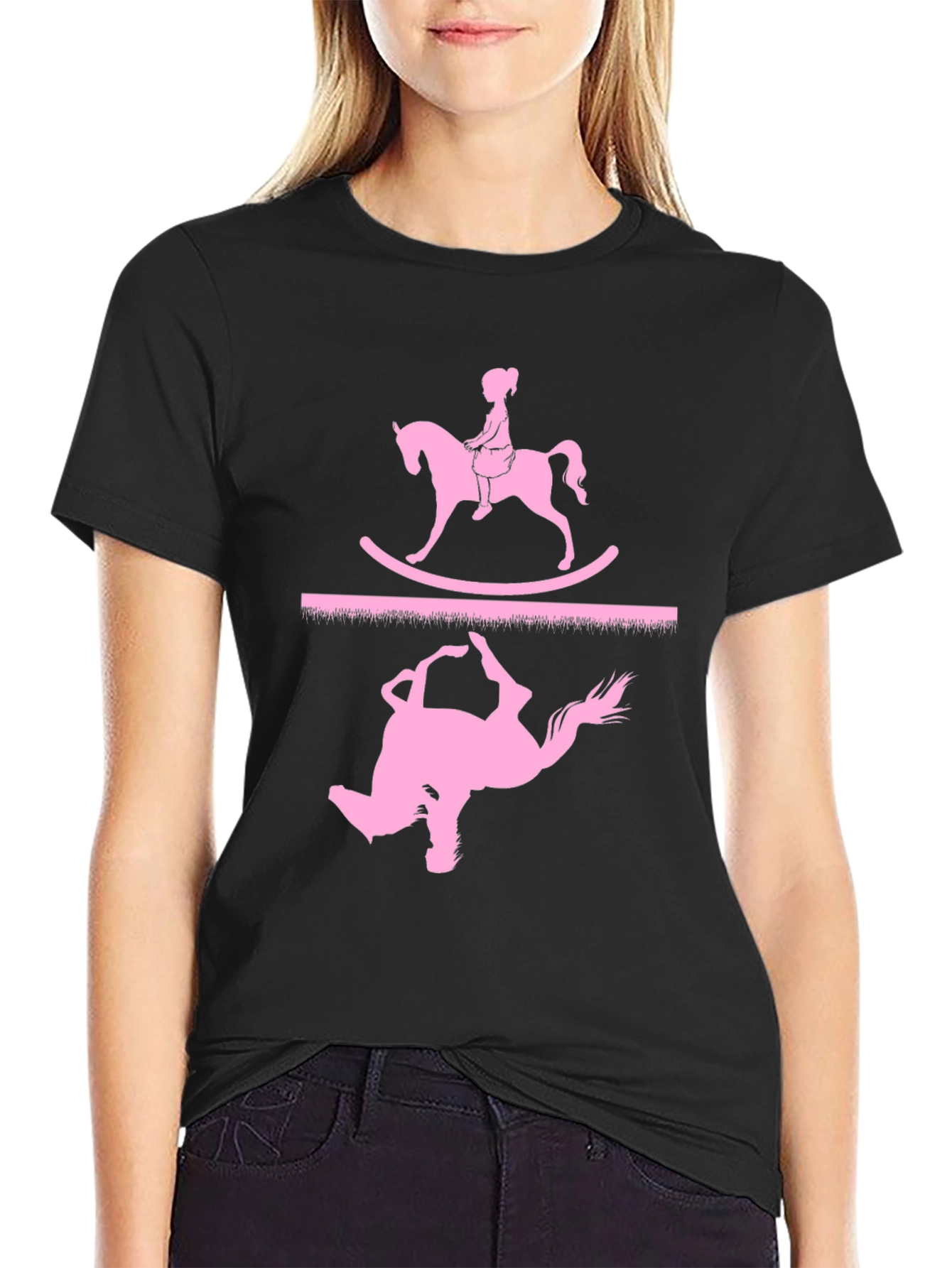 Black Rocking Horse T-Shirt - Girl on Toy view 2