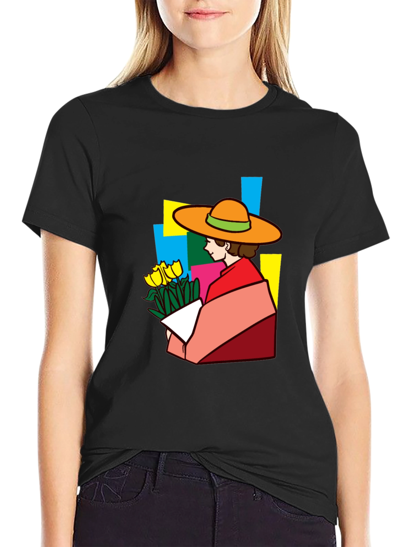 Black Stylish Graphic Tee - Woman with Flowers view 2