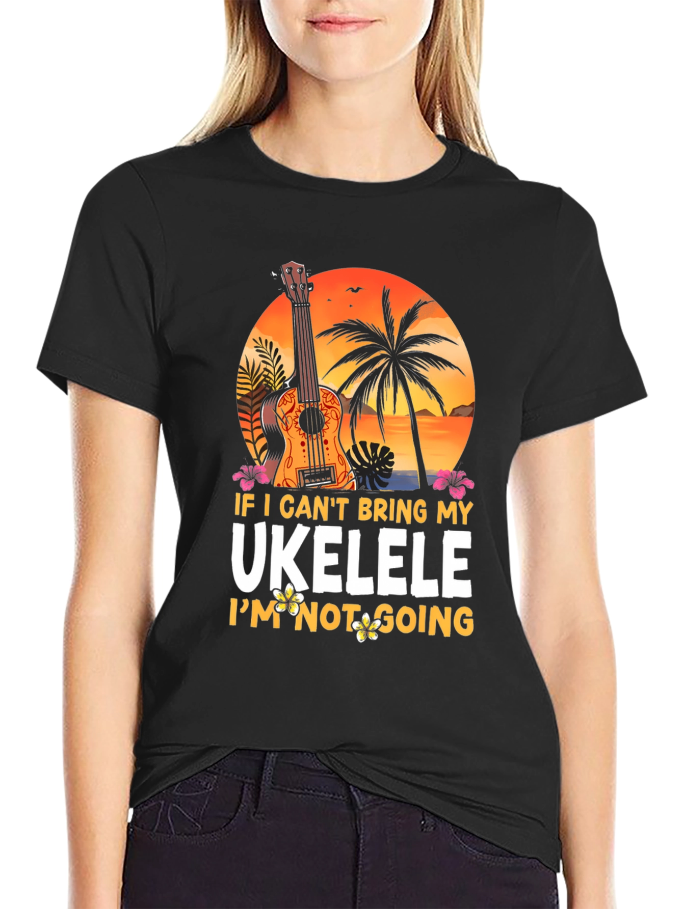 Black Ukulele Lover T-Shirt - Tropical Vibes view 2