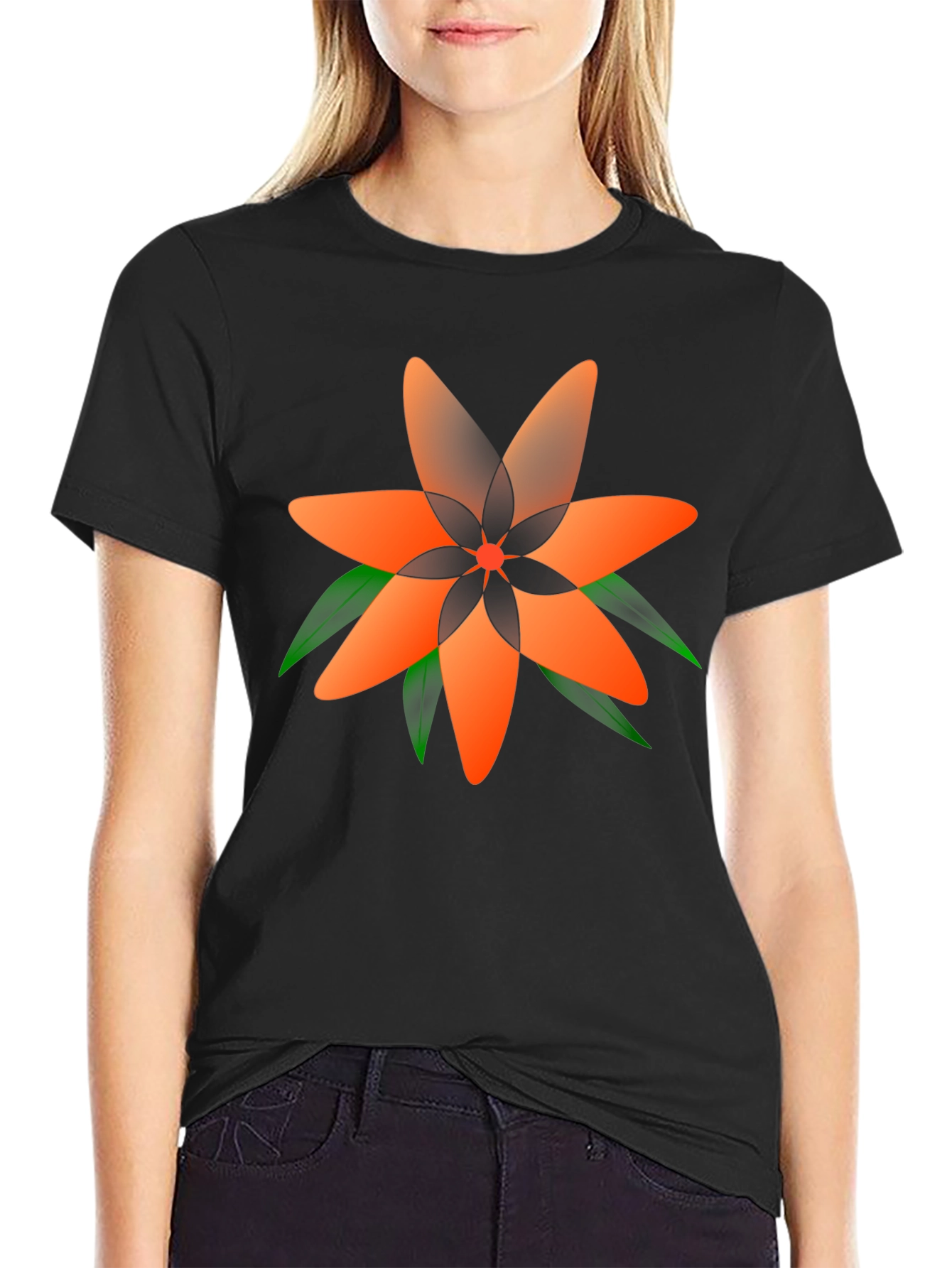 Black Geometric Floral Tee - Stylish Black T-Shirt view 2