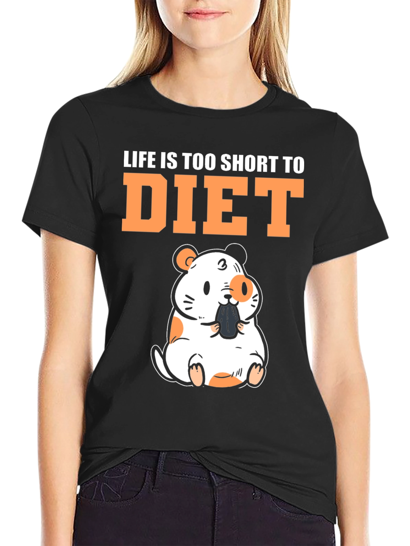 Black Funny Hamster "Life is Too Short to Diet" Black T-Shirt view 2