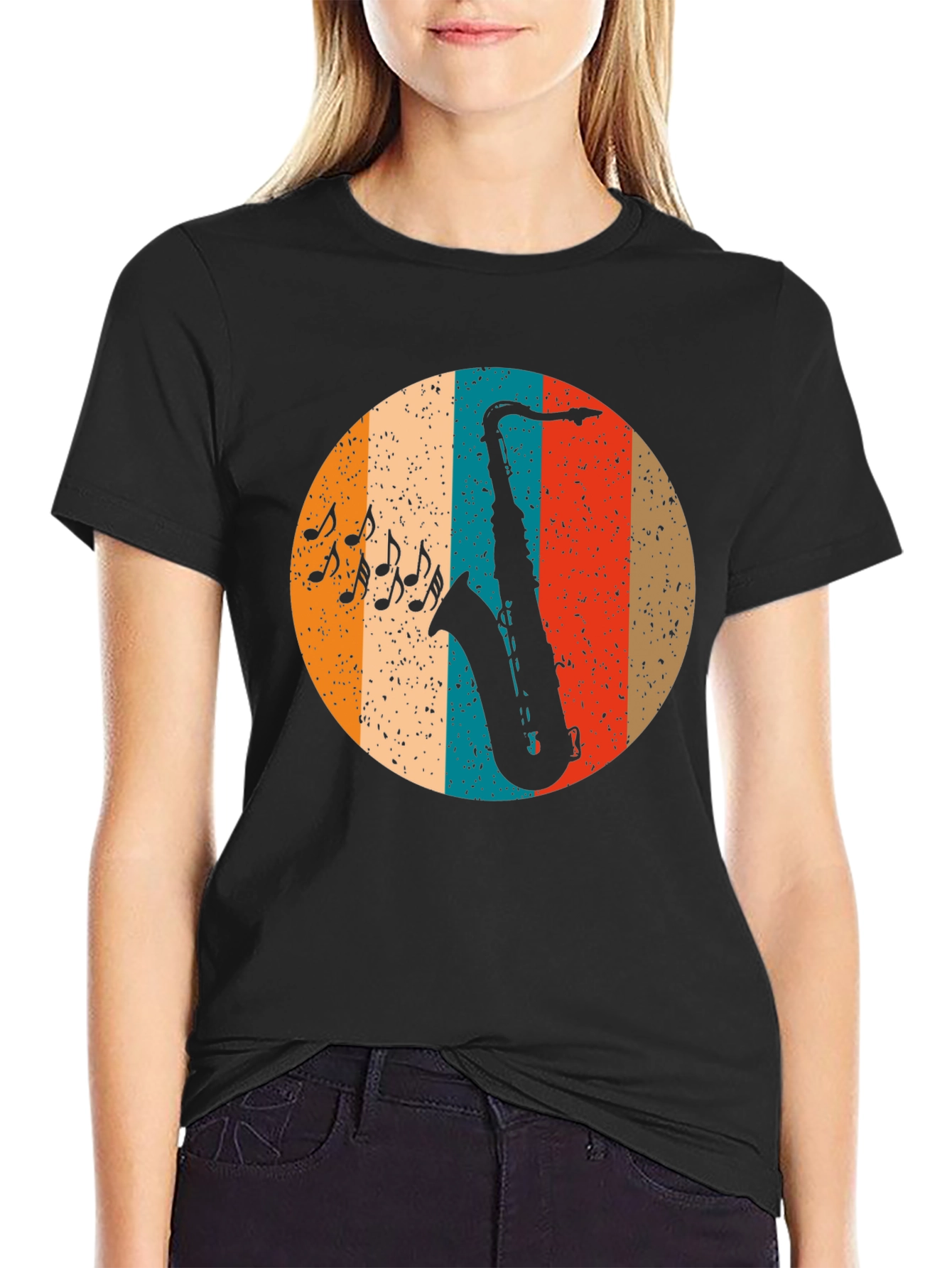 Black Retro Saxophone Music T-Shirt view 2
