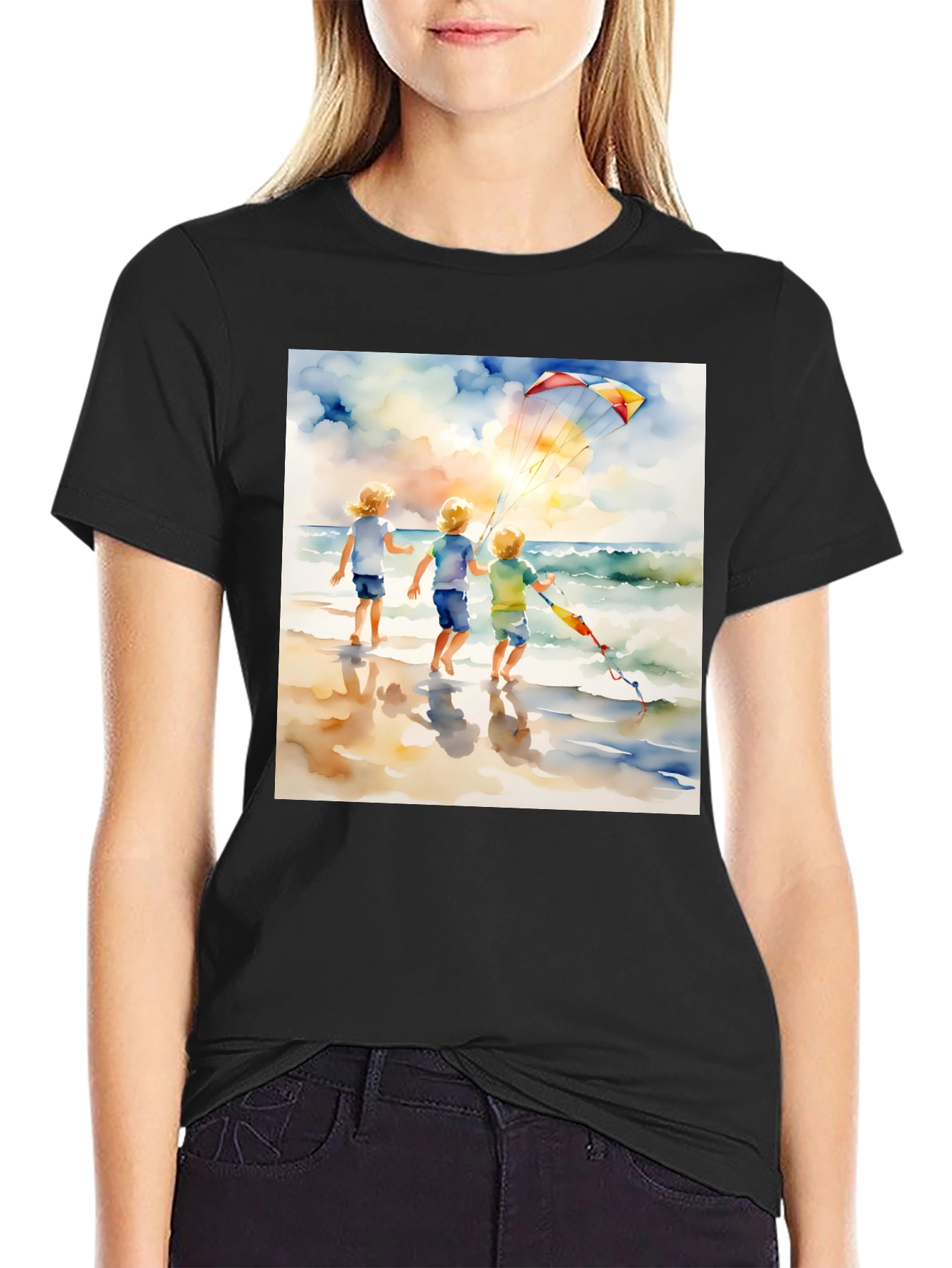 Black Watercolor Beach Kite T-Shirt view 2