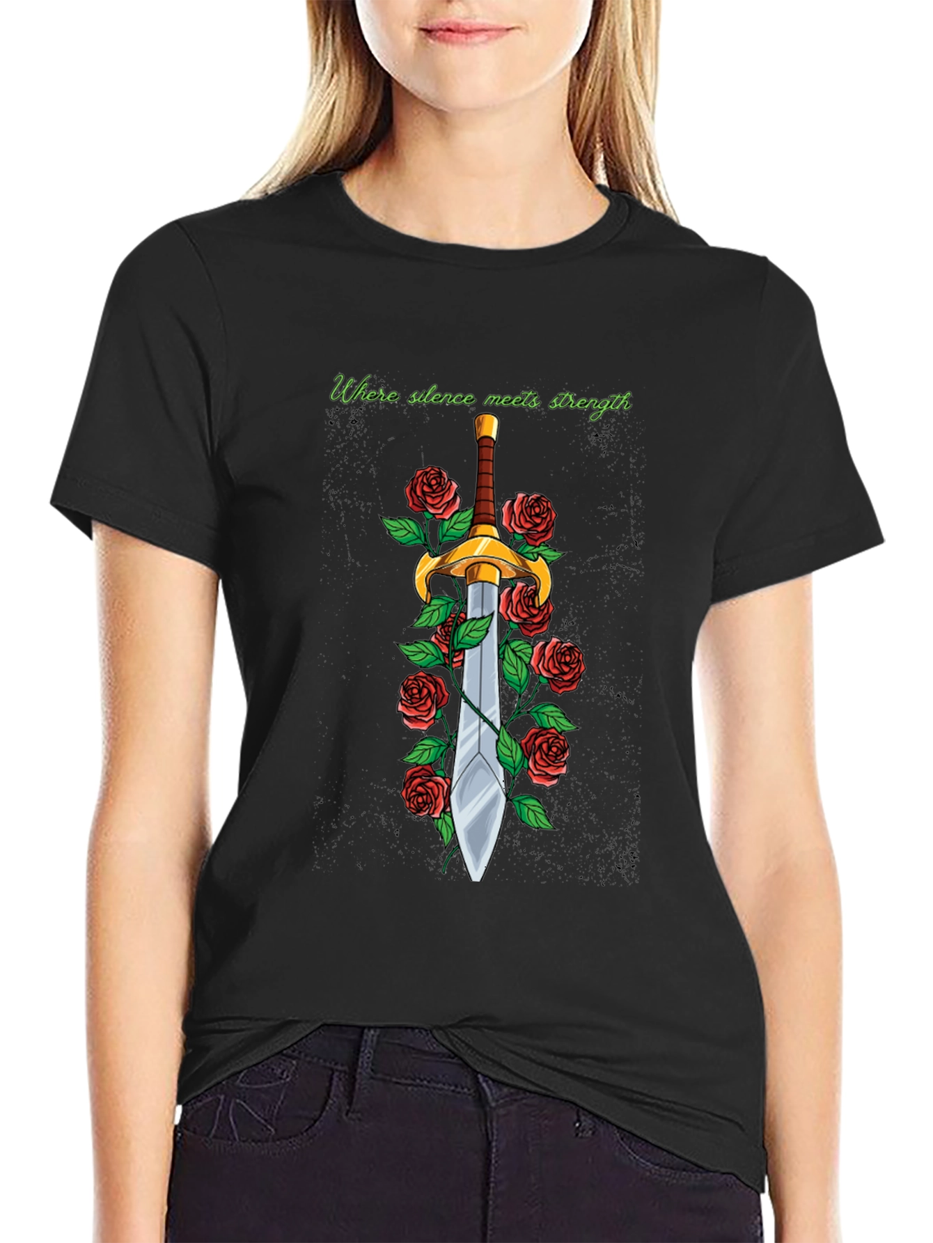 Black Sword and Roses Graphic Tee - Silence Meets Strength view 2