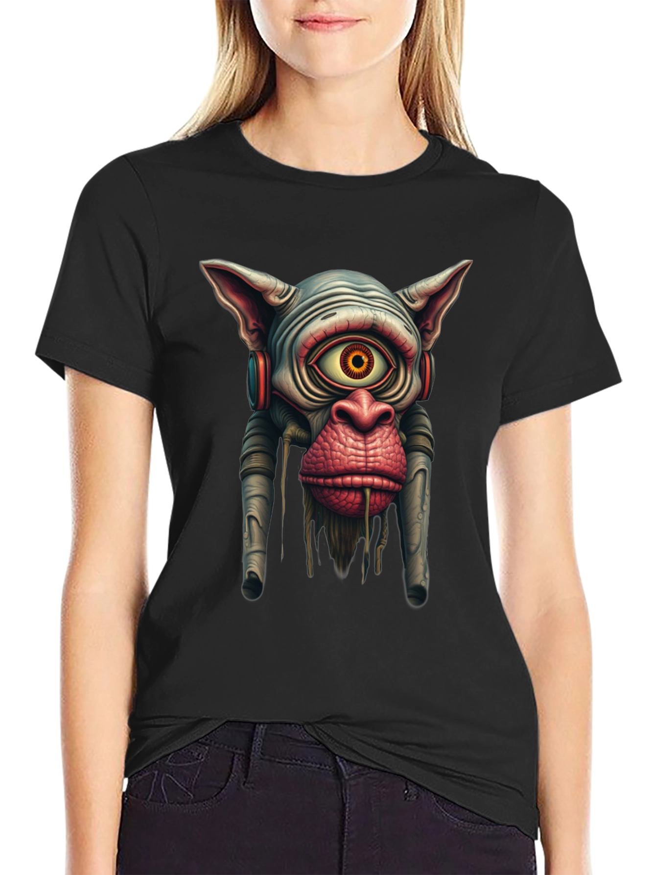 Black Surreal Alien Monkey Graphic Black T-Shirt view 2