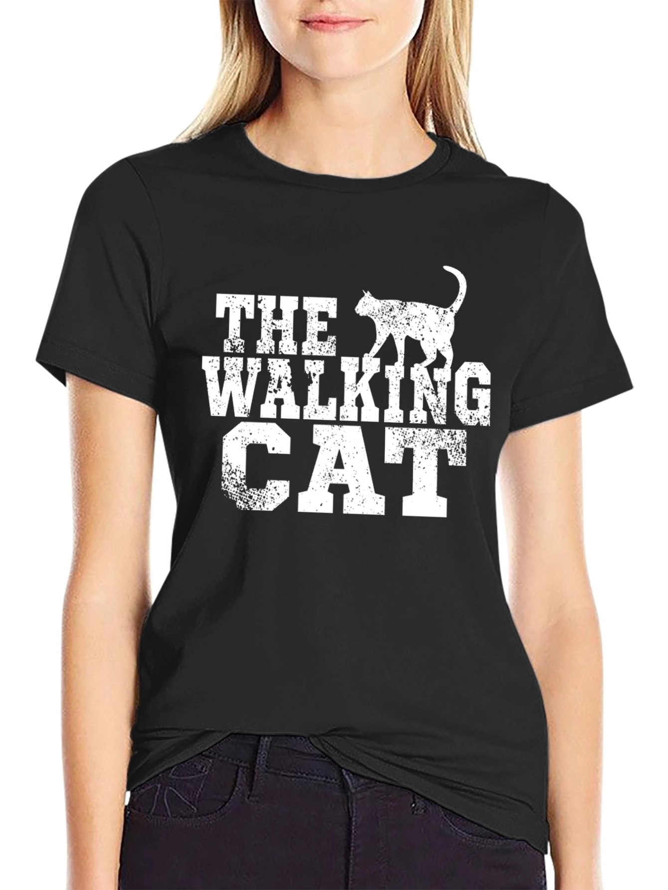Black The Walking Cat Black T-Shirt view 2