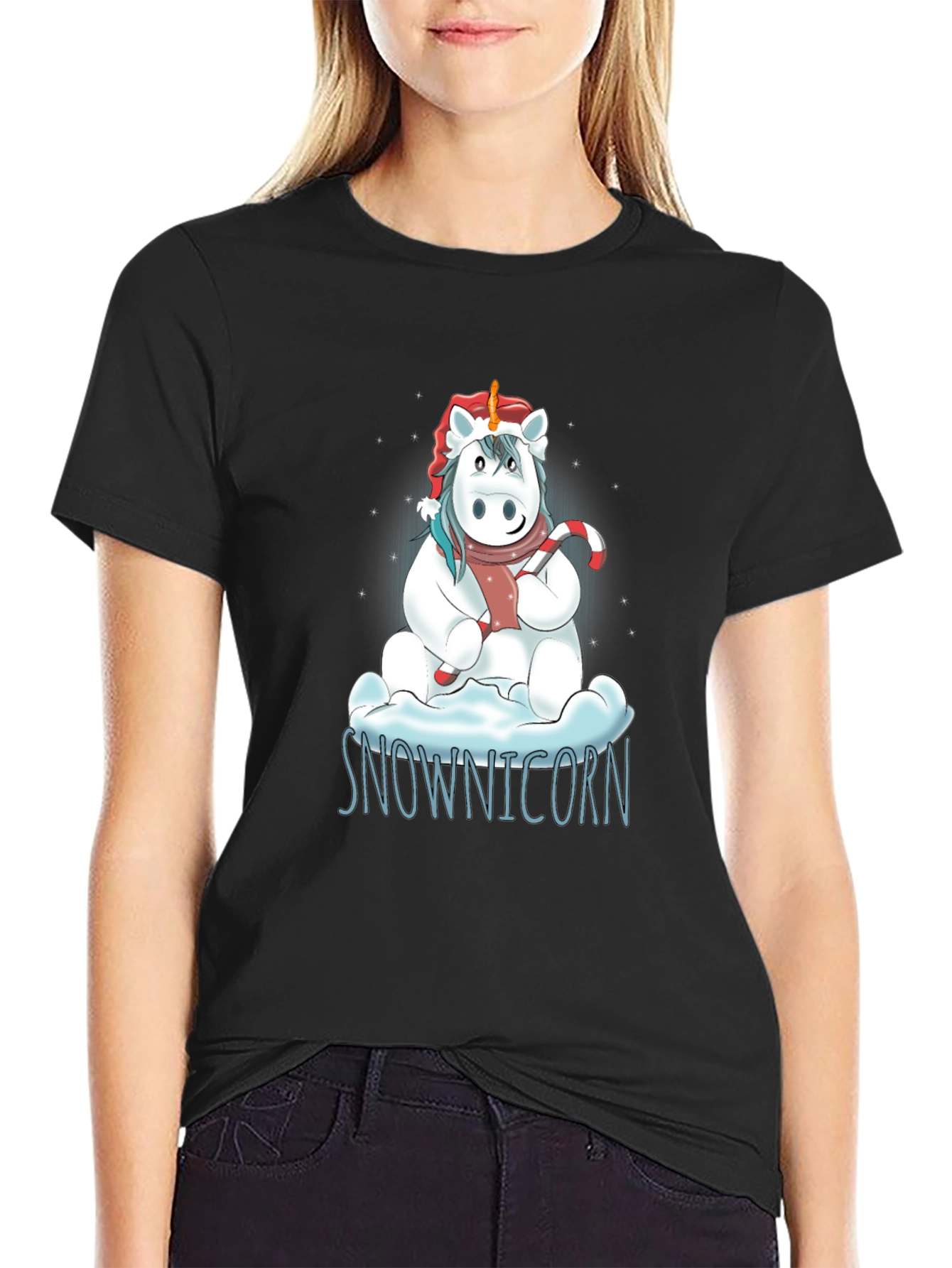 Black Snownicorn Graphic T-Shirt - Christmas Unicorn Tee view 2