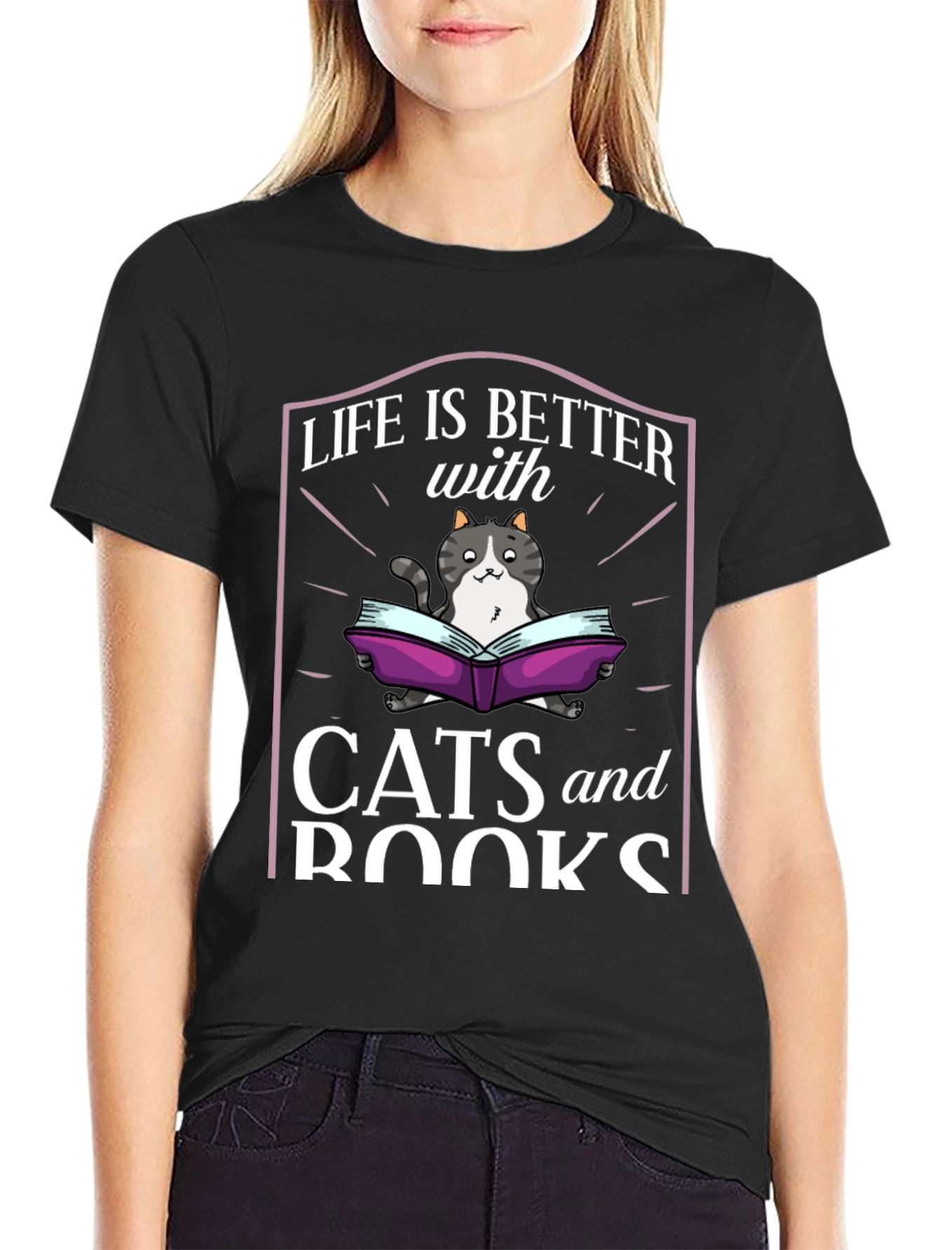 Black Life is Better with Cats and Books T-Shirt view 2