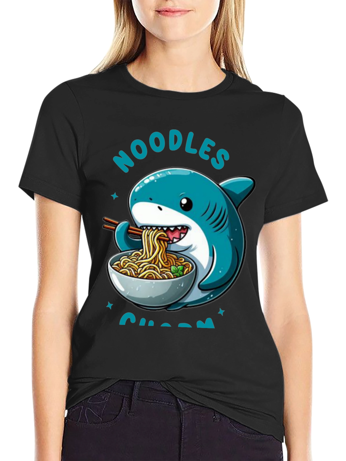 Black Noodles Shark T-Shirt - Cartoon Animal Ramen Tee view 2