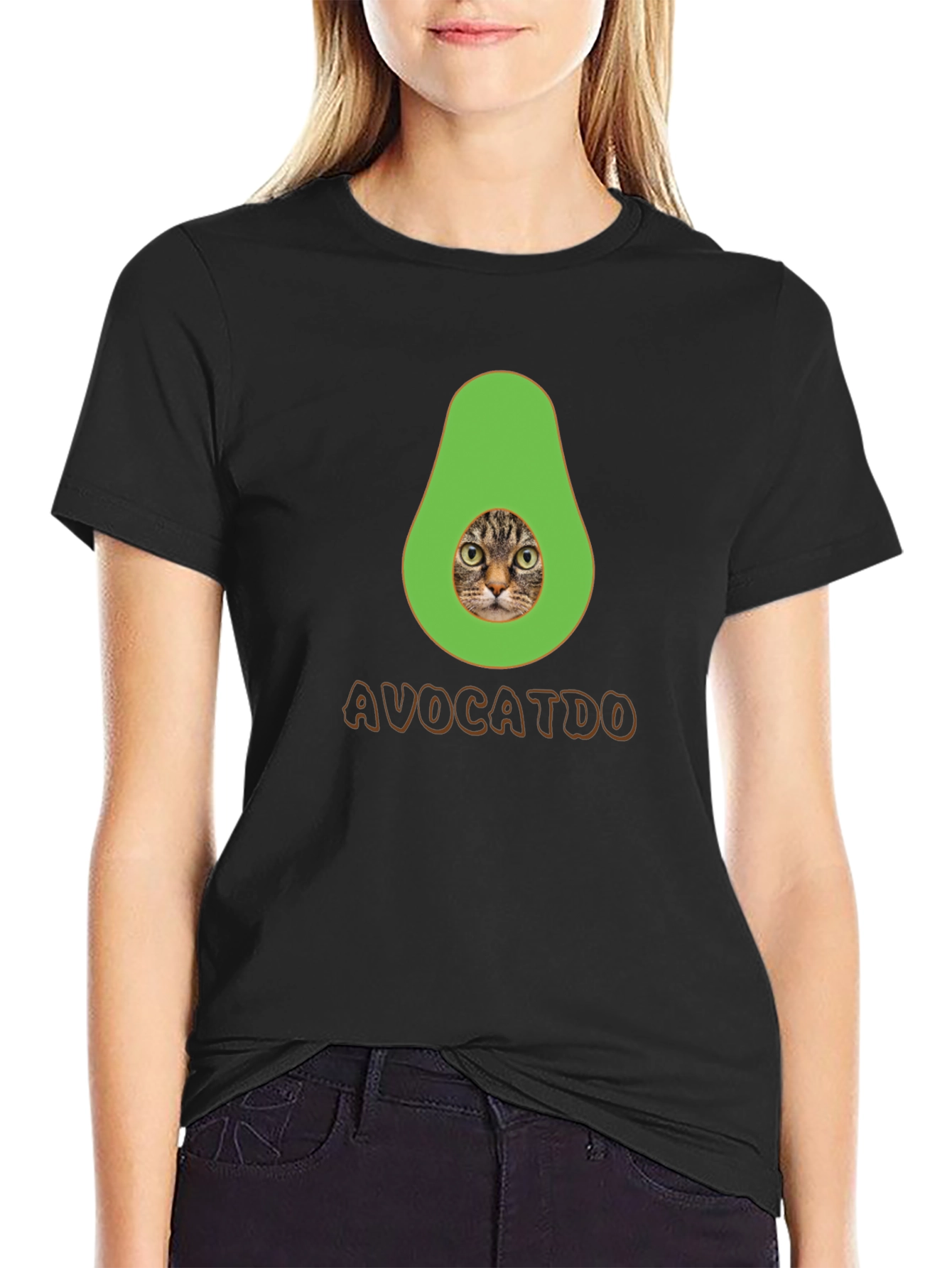 Black Avocatdo T-Shirt: Cat Avocado Pun Tee view 2