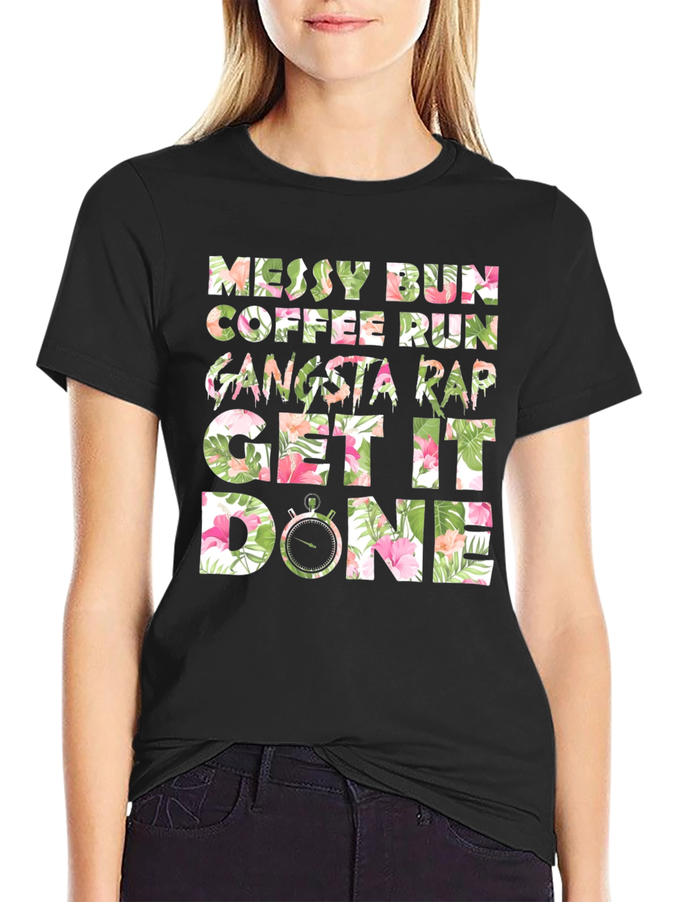 Black Messy Bun Coffee Run T-Shirt view 2
