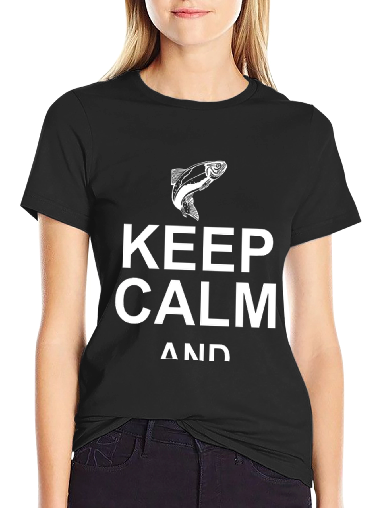 Black Keep Calm and Fish Graphic T-Shirt view 2